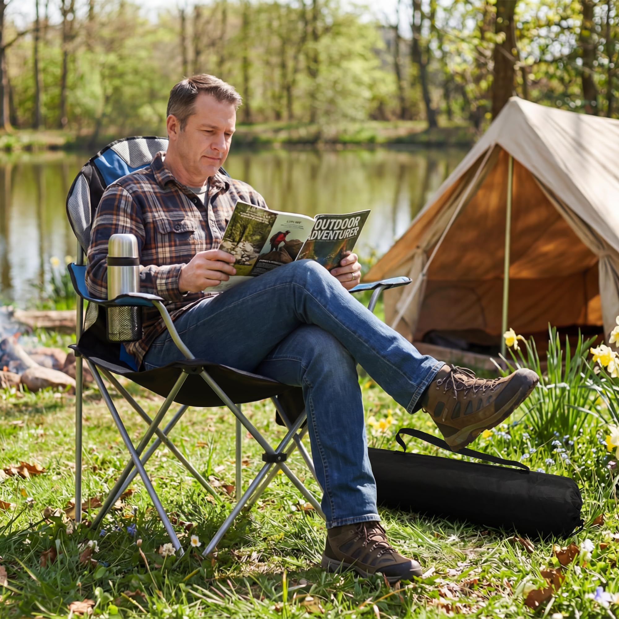 ROPODA Campingstuhl Faltbar, Klappstuhl Camping 150kg mit Hoher Rückenlehne, Armlehnen, Getränkehalter & Seitentasche, Gepolsterter Camping Stuhl für Outdoor, Garten, Angeln, Strand, Blau