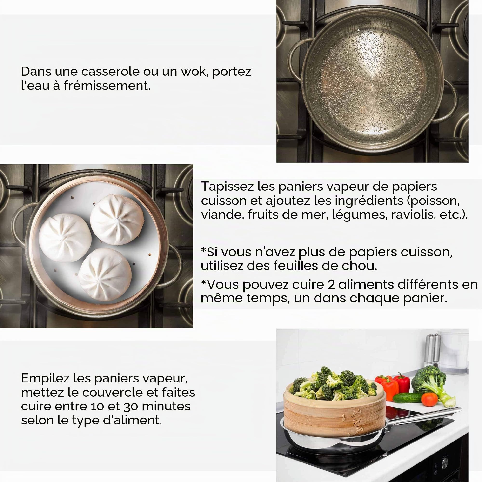 Panier vapeur en bambou de 25 cm avec baguettes, pinces, 50 doublures en papier – Cuiseur vapeur à 2 étages pour la cuisson des boulettes, légumes, viande, poisson, riz BlauKe