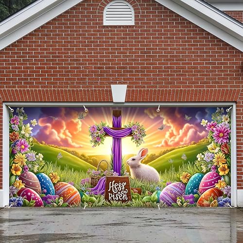 6x13 FT Easter Resurrection Garage Door Banner - Purple Cross & Bunny with Color