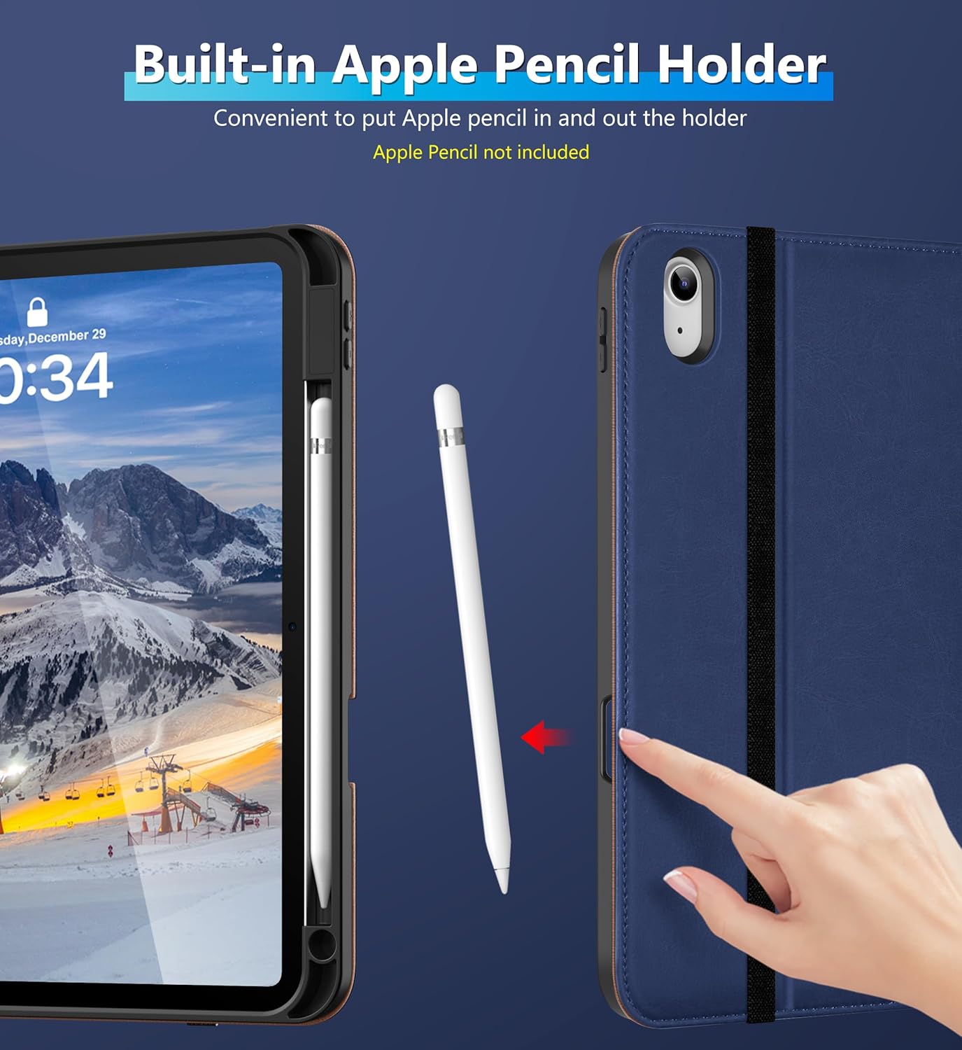 DTTO Rotating Case for iPad (A16) 11th Generation 11 Inch 2025, iPad 10th Generation 10.9 Inch 2022, 360 Degree Swiveling Premium Leather Folio Stand Cover with Pencil Holder, Navy Blue