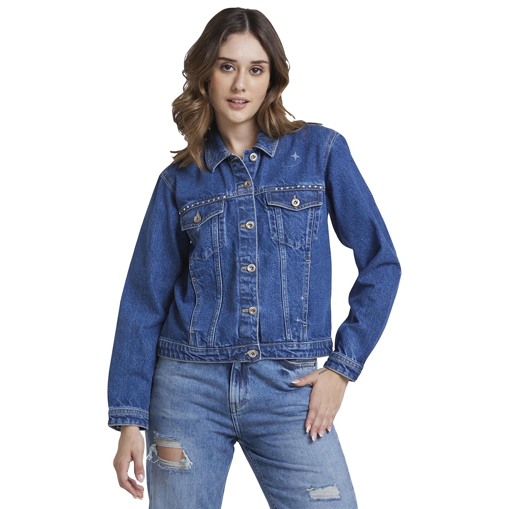 spykar Women Mid Blue Regular Fit Classic Collar Denim Jacket-picture-57