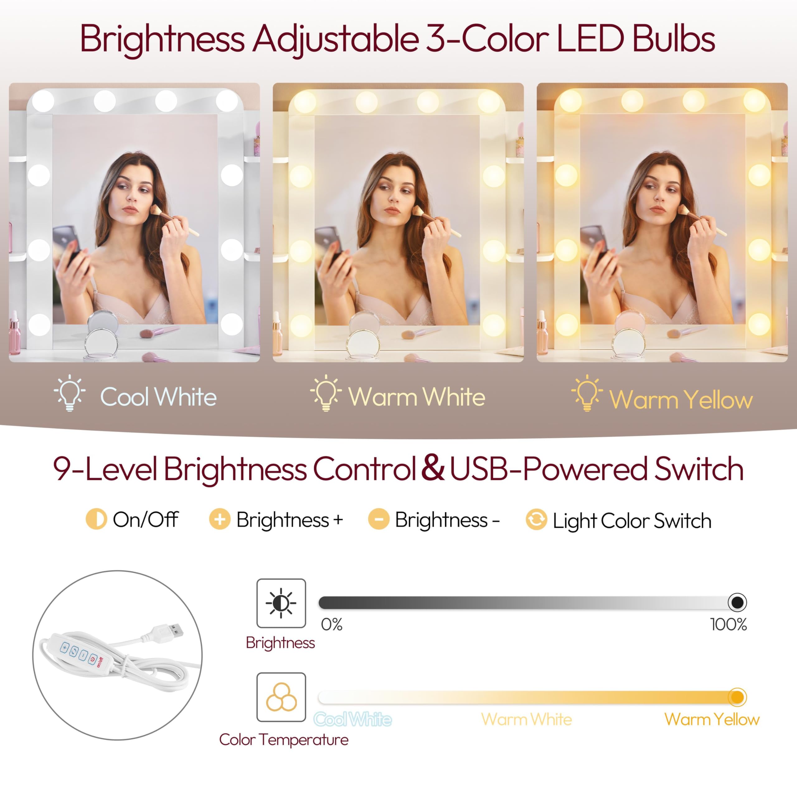 Abician Coiffeuse avec Miroir 10 LED 3 Couleurs Luminosité Réglable Table de Maquillage Deux Grands Tiroirs Six Étagères de Rangement Style Moderne Blanc