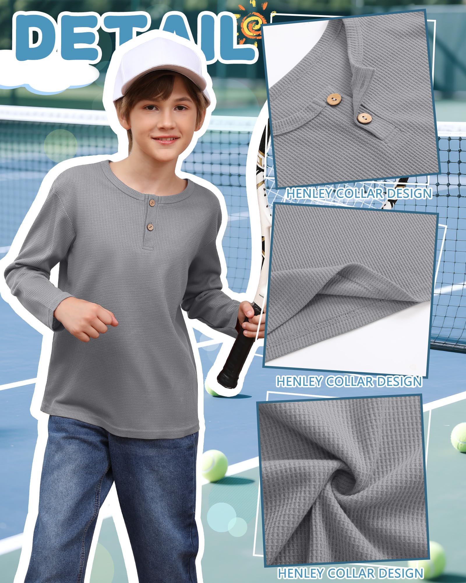 Clabby Pack de 3 Camisetas Henley de Manga Larga para niño Estilo gofre, térmicas de Punto de algodón Ideales para el Colegio