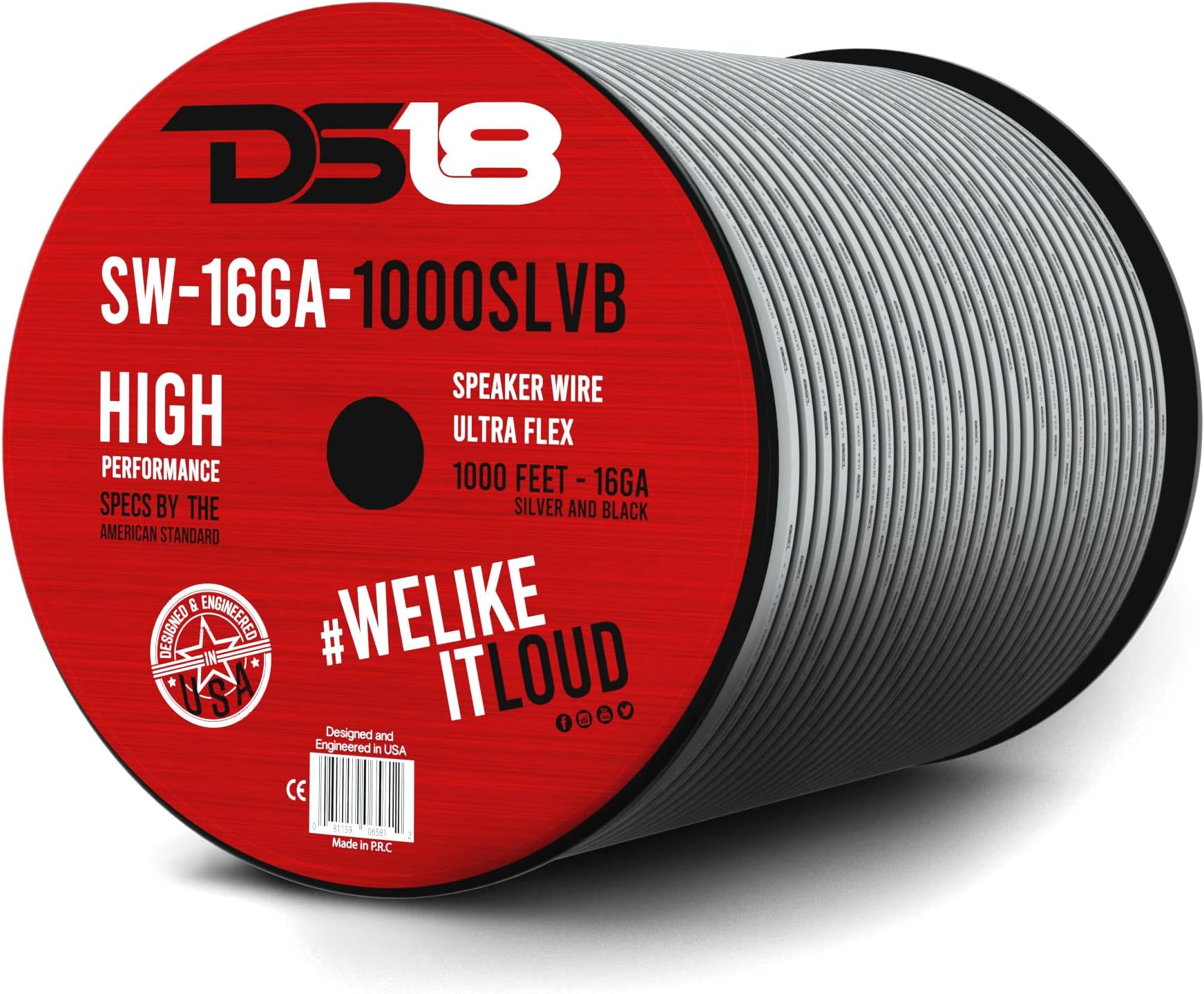 DS18 SW-16GA-1000SLVB 16-GA Ultra Flex Speaker Wire Silver and Black 1000FT - Speaker Cable for Audio Applications