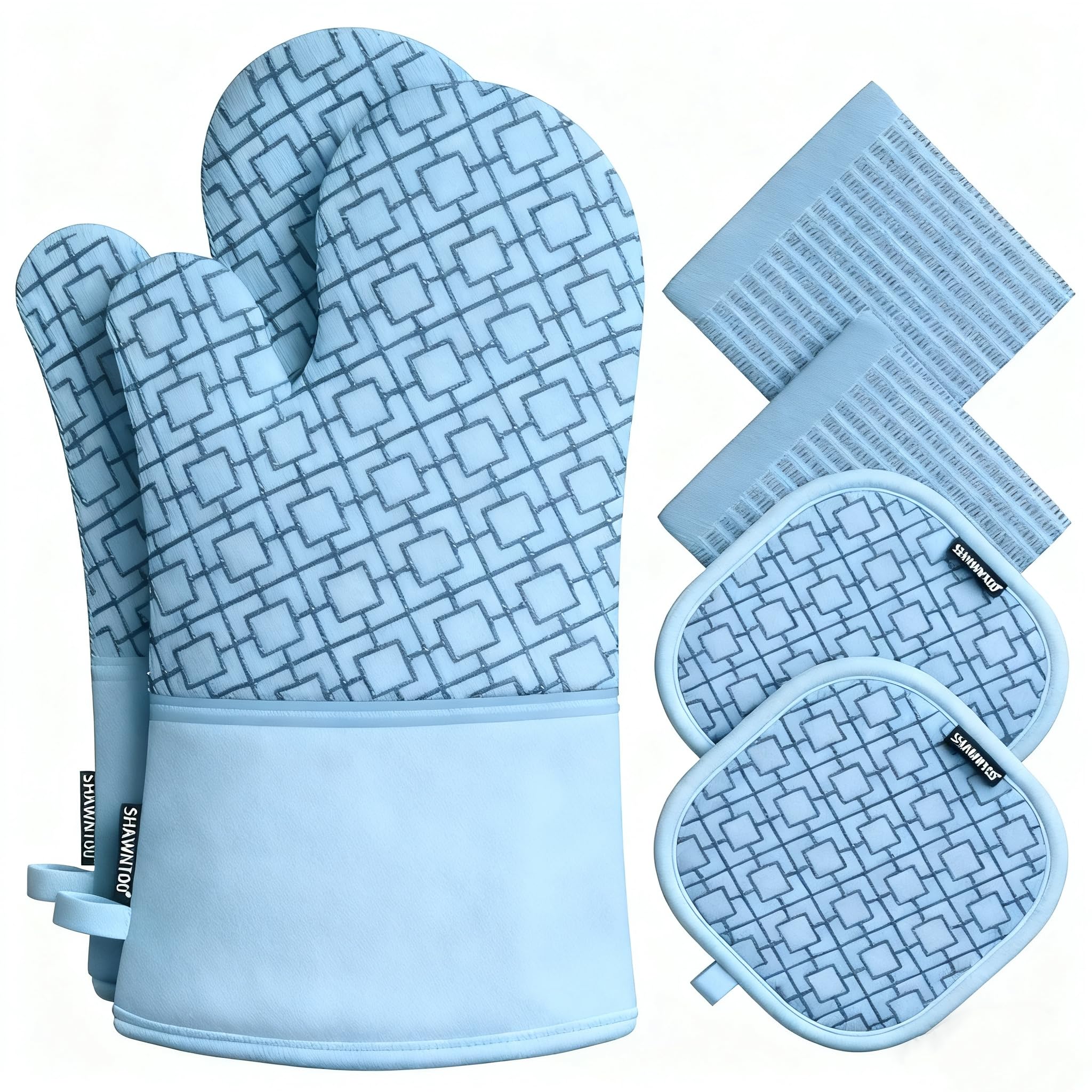 Juego de 6 manoplas de horno y soportes para ollas, guantes de horno de cocina, resistentes al calor, guantes de horno extralargos de 550 grados y agarraderas con superficie de silicona antideslizante
