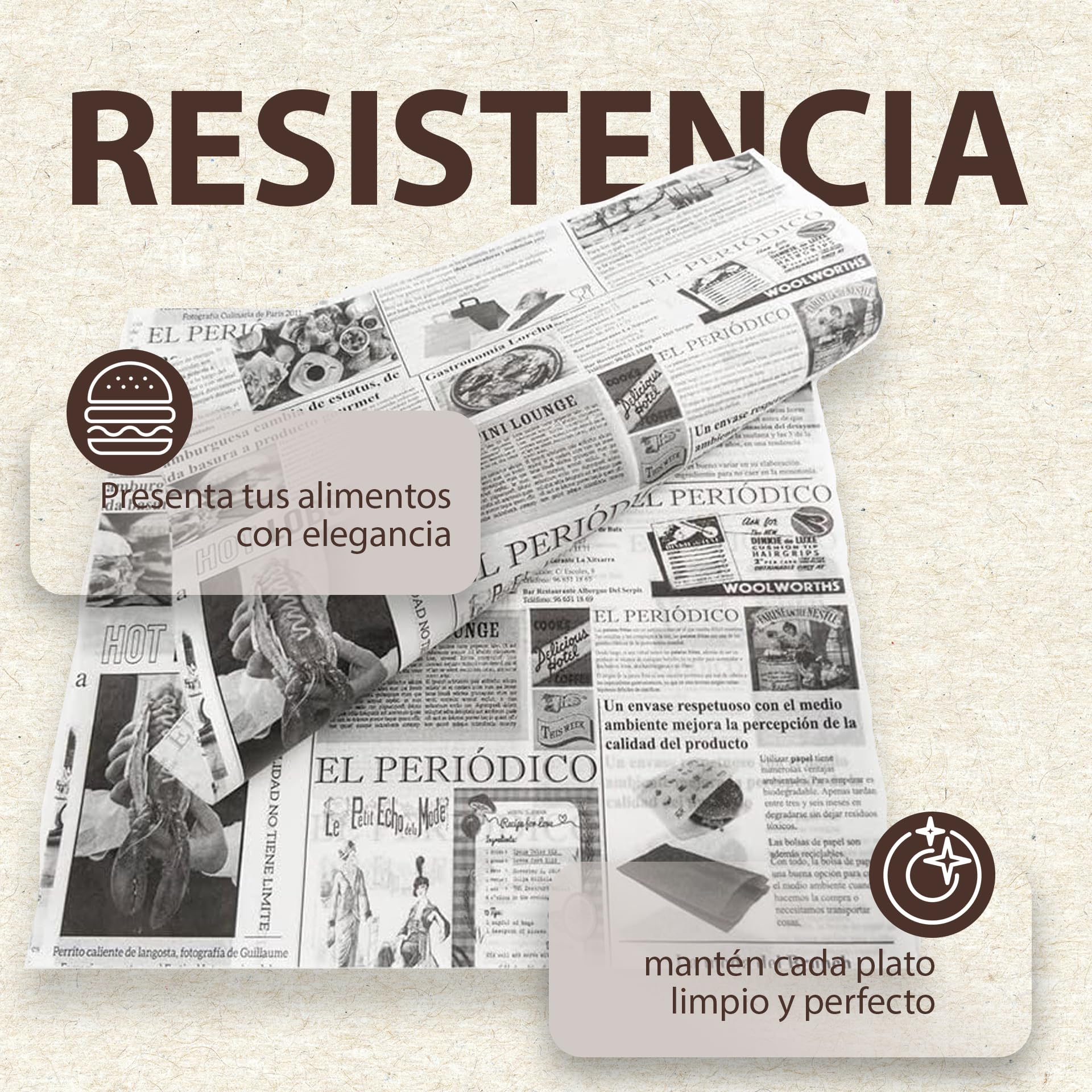 BALSAT Papel Antigrasa para Alimentos 28x31cm | Estampado de Periódico | Ideal Para Hamburguesa o Papel para Queso y Fritos | Caja de 1000 Hojas Alimentarias Multiusos y Ultra Resistentes