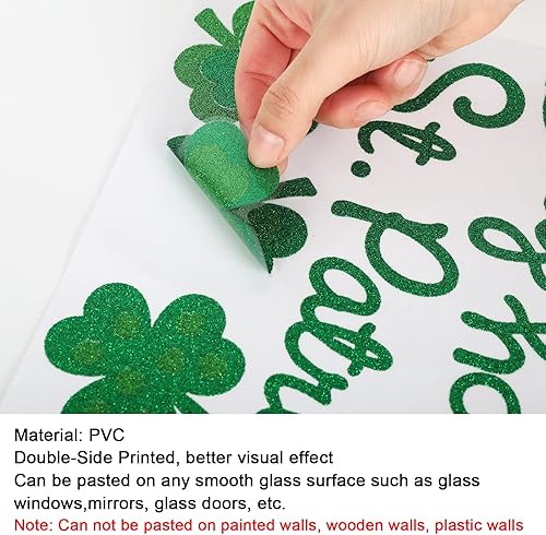 Miniatura 7 de Whaline 4 hojas de calcomanías para ventana del día de San Patricio con purpurina verde trébol para ventana de doble cara decoración de ventana para
