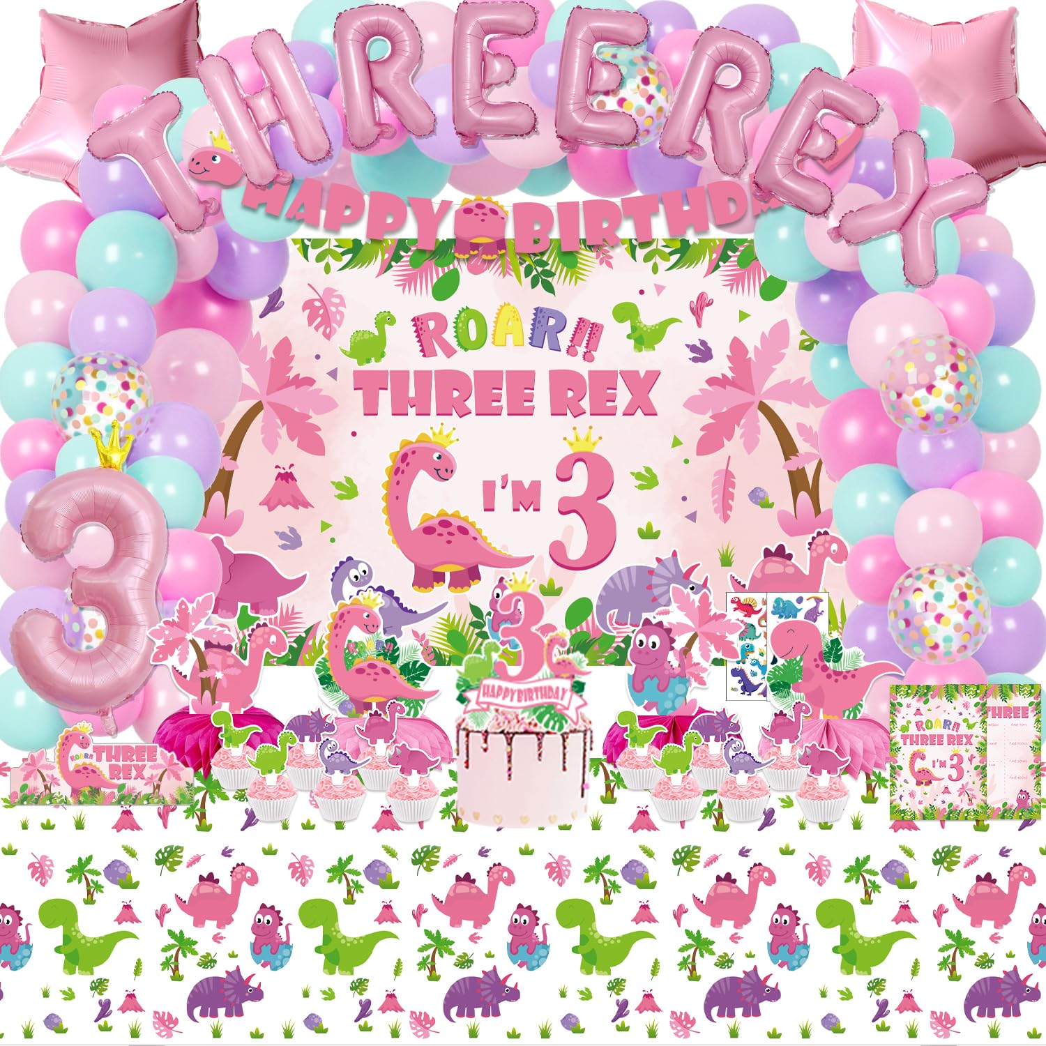 KimaruLZ Pink Dinosaur Birthday Decorations for 3 Year Old Girls, 134 Pcs Three Dino Rex Girl Dinosaur Party Supplies for Girl - Backdrop, Toppers,