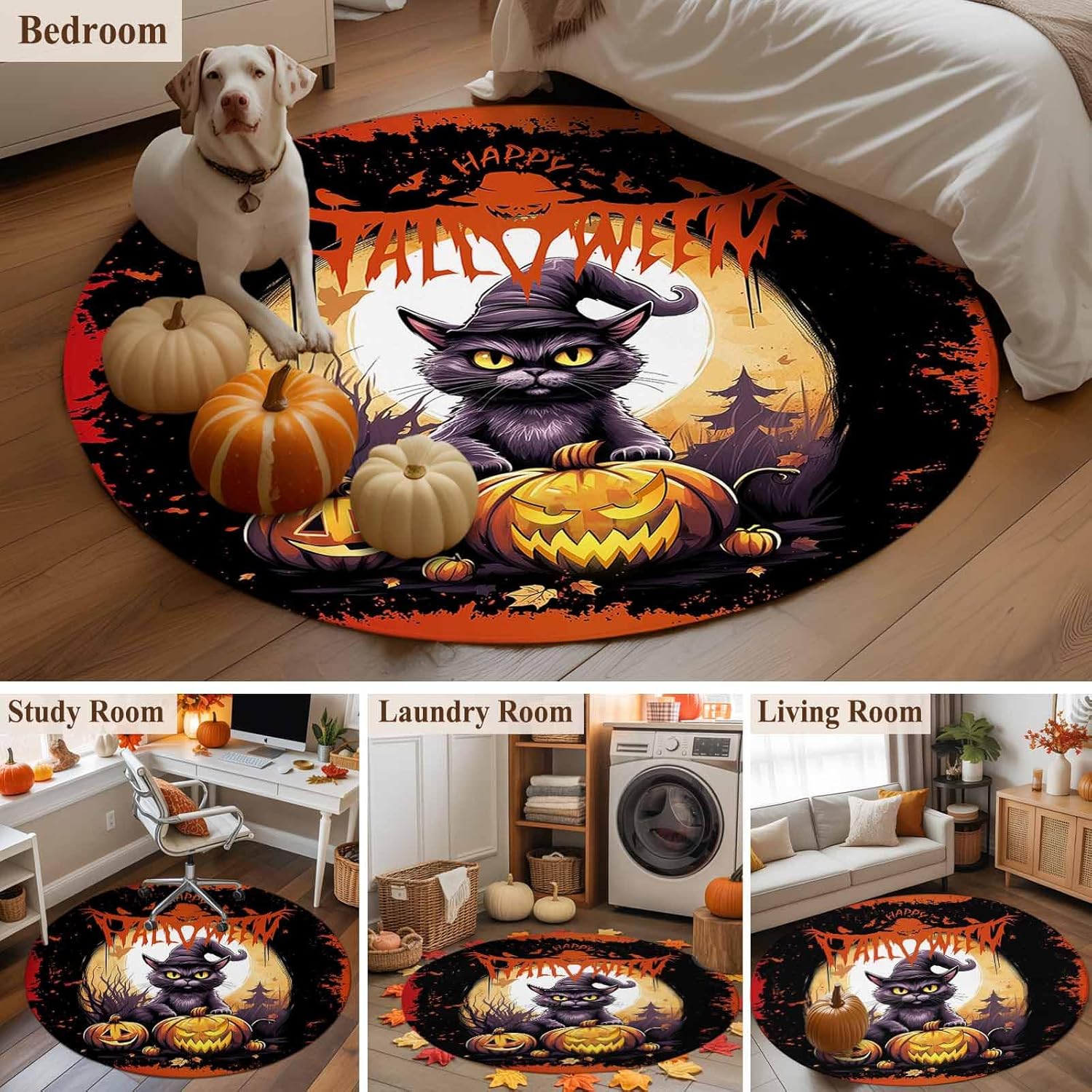 Halloween Round Area Rug 3ft Black Cat Spooky Pumpkin Floor Carpets Indoor Floor Area Mat Stain-Proof Mat Circle Rugs for Living Room Dining Room Kitchen Bedroom Fall Decor, Crow Sofa Throw Carpet
