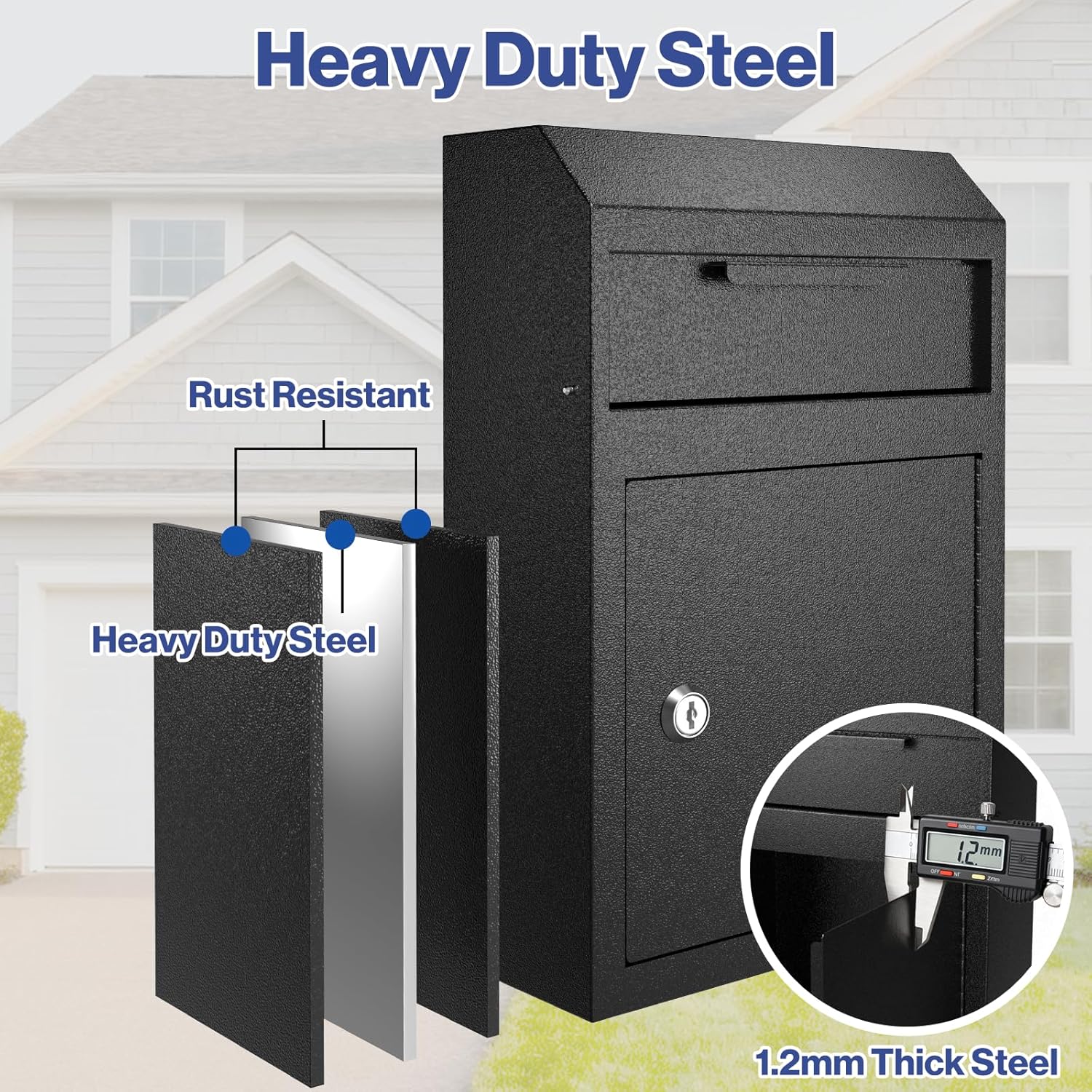POCHAR Metal Wall Mount Locking Deposit Drop Box Safe - Heavy Duty Lock Box for Keys, Rent, Checks, Money, and Mail Envelopes (9.75” x 4.25” x 14.75”) (Black)