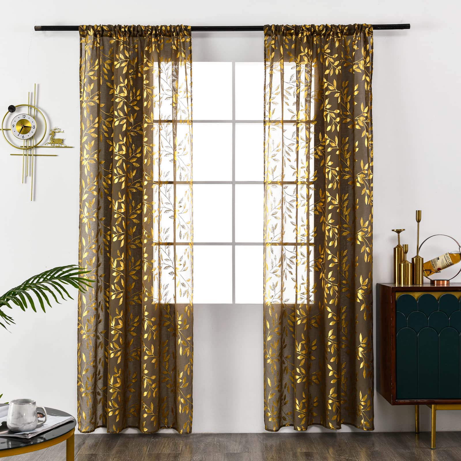 Sutuo Home, Set di 2 tende trasparenti, lunghe 244 cm, con stampa con lamina dorata e motivo con foglie color bronzo, per la privacy, per camera da letto, cucina, soggiorno, 132 x 243,8 cm (larghezza