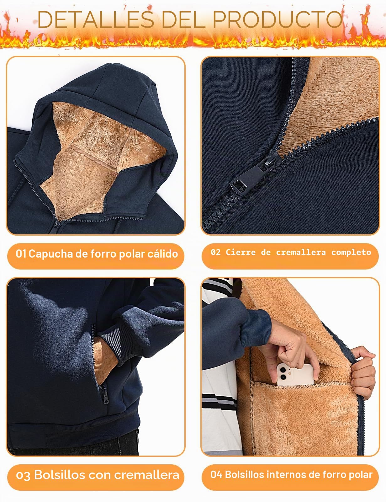 Sudadera con Capucha Hombre con Forro Polar Invierno Chaqueta Sudadera de Cremallera Completa Cómoda Manga Larga Informal Cálido Hoodie Abrigo con Bolsillo