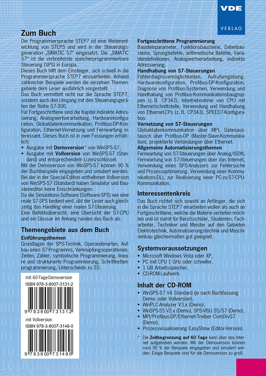 STEP®7-Crashkurs Extended: Umfassende Beschreibung der Programmiersprache STEP7 und weitere Themen zur Automatisierungstechnik • mit S7-CPU-Übersicht ... auf CD-ROM ((60-Tage-Demo))