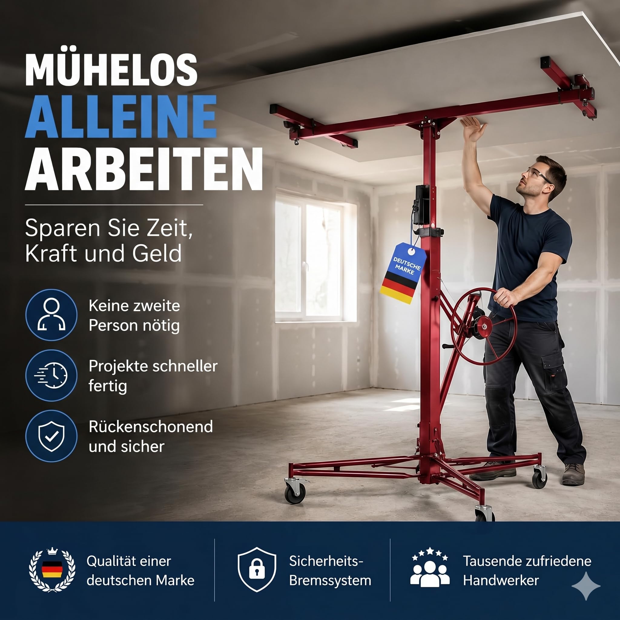 Werkthor Podnośnik do płyt gipsowo-kartonowych XXL do 68 kg – wysokość 140 – 350 cm – podnosi płyty gipsowo-kartonowe z 3 kołami i hamulcem – podnoszenie płyt kartonowo-gipsowych (czerwony)