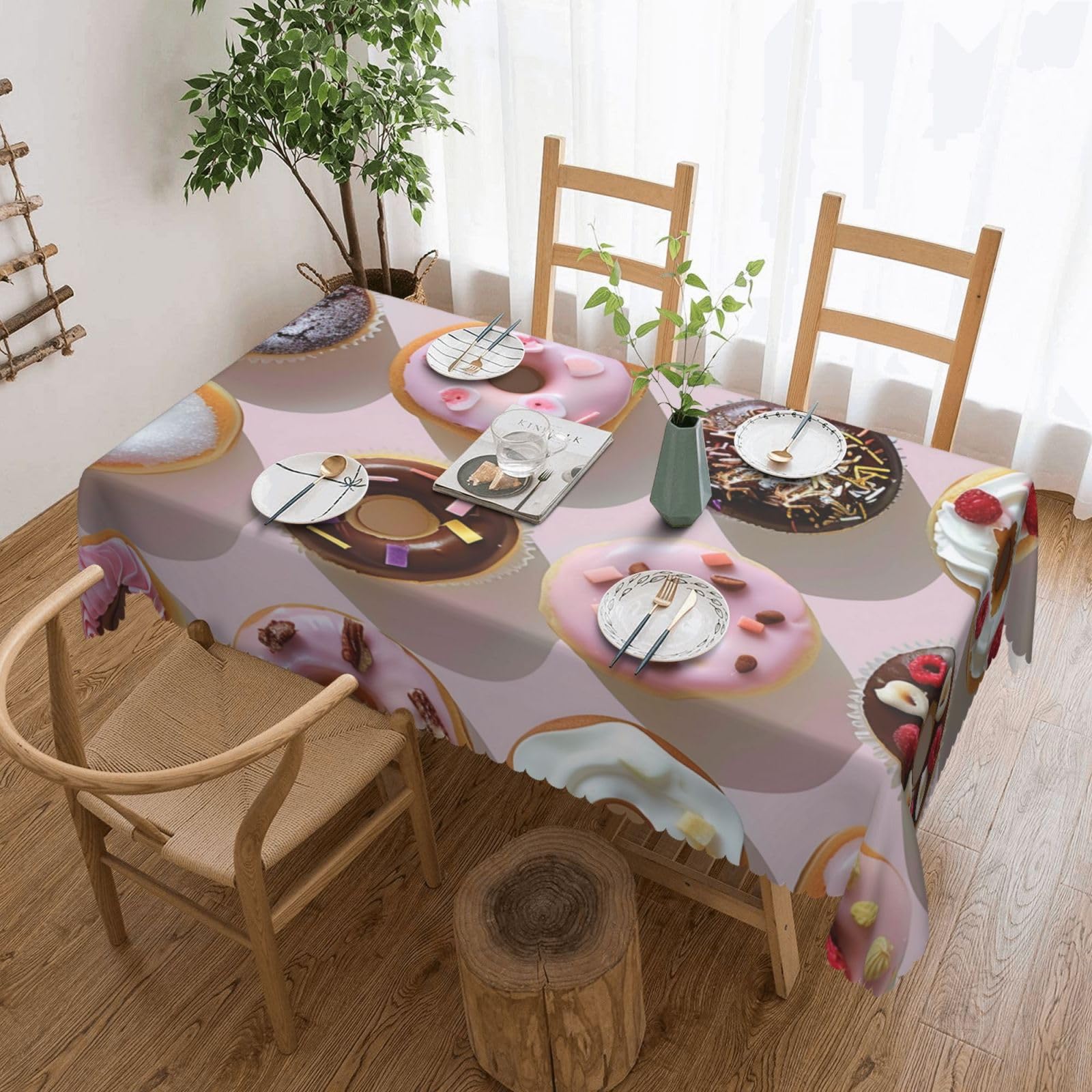 WPKJU Cupcakes Donuts Muffins Sugar Printed Rectangle Tablecloth 72x54 Inch with Lace Trim, Water-Resistant Washable Table Cover for Farmhouse Weddings, Outdoor Picnics & Holiday Dining