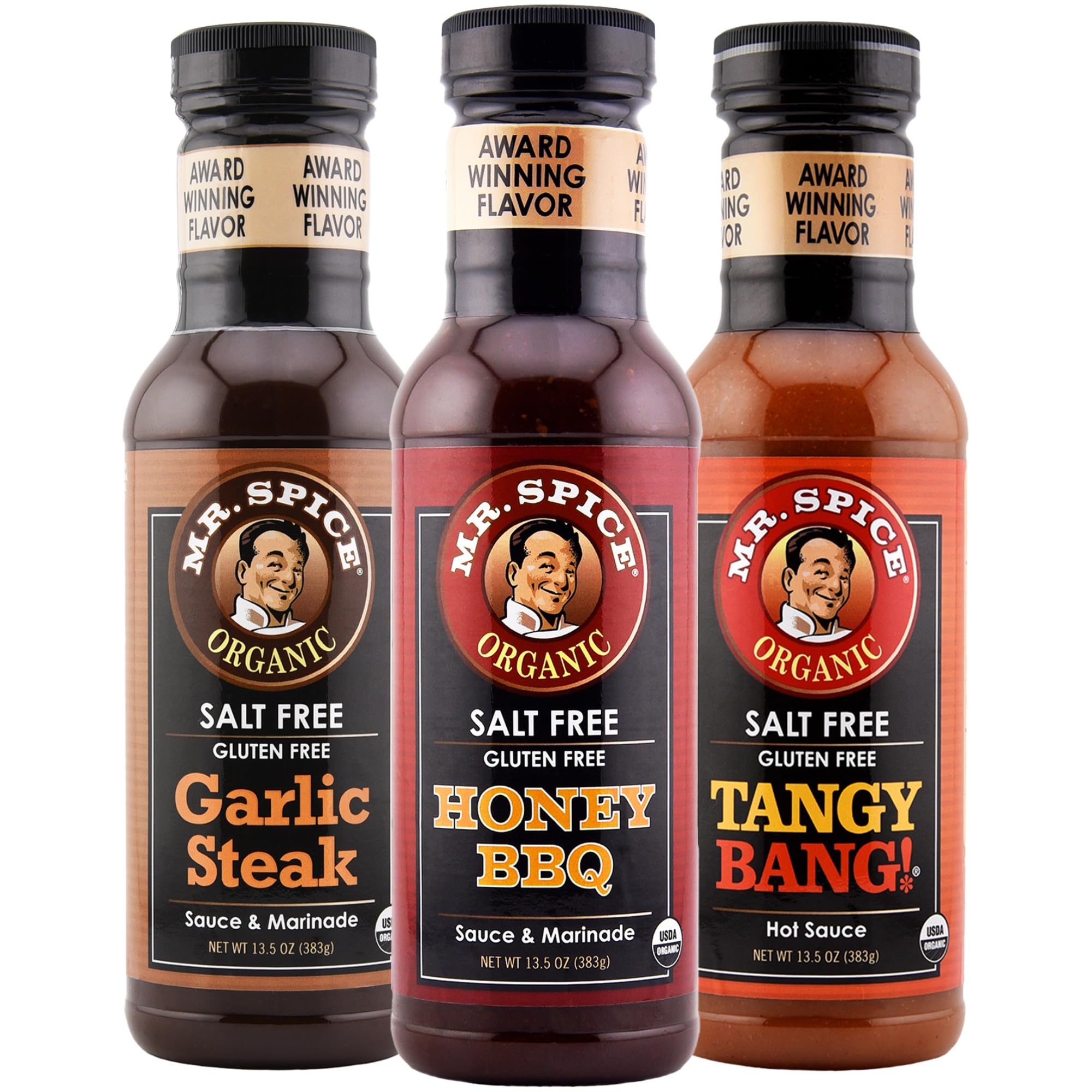 Mr. Spice Original 3 Pack, Organic Low Sodium Honey BBQ, Garlic Steak & Tangy Bang Hot Sauce, Gluten Free Sauces, Salt Free Marinades for Grill, Skillet & Air Fryer, Award-Winning Flavors, 13.5 Oz Ea
