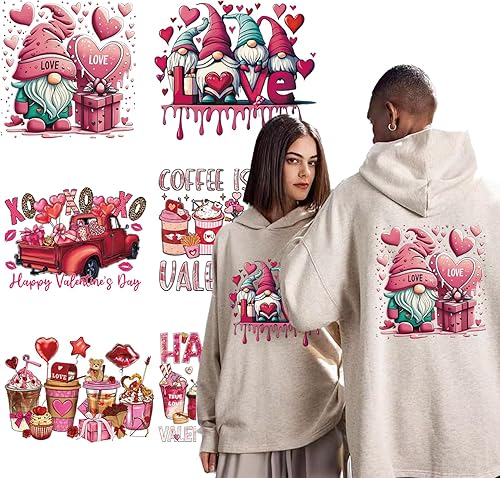 Miniatura 1 de 6 hojas de calcomanías para planchar de San Valentín para camisetas, diseño de vinilo de transferencia de calor enano, patrón de amor, taza de café