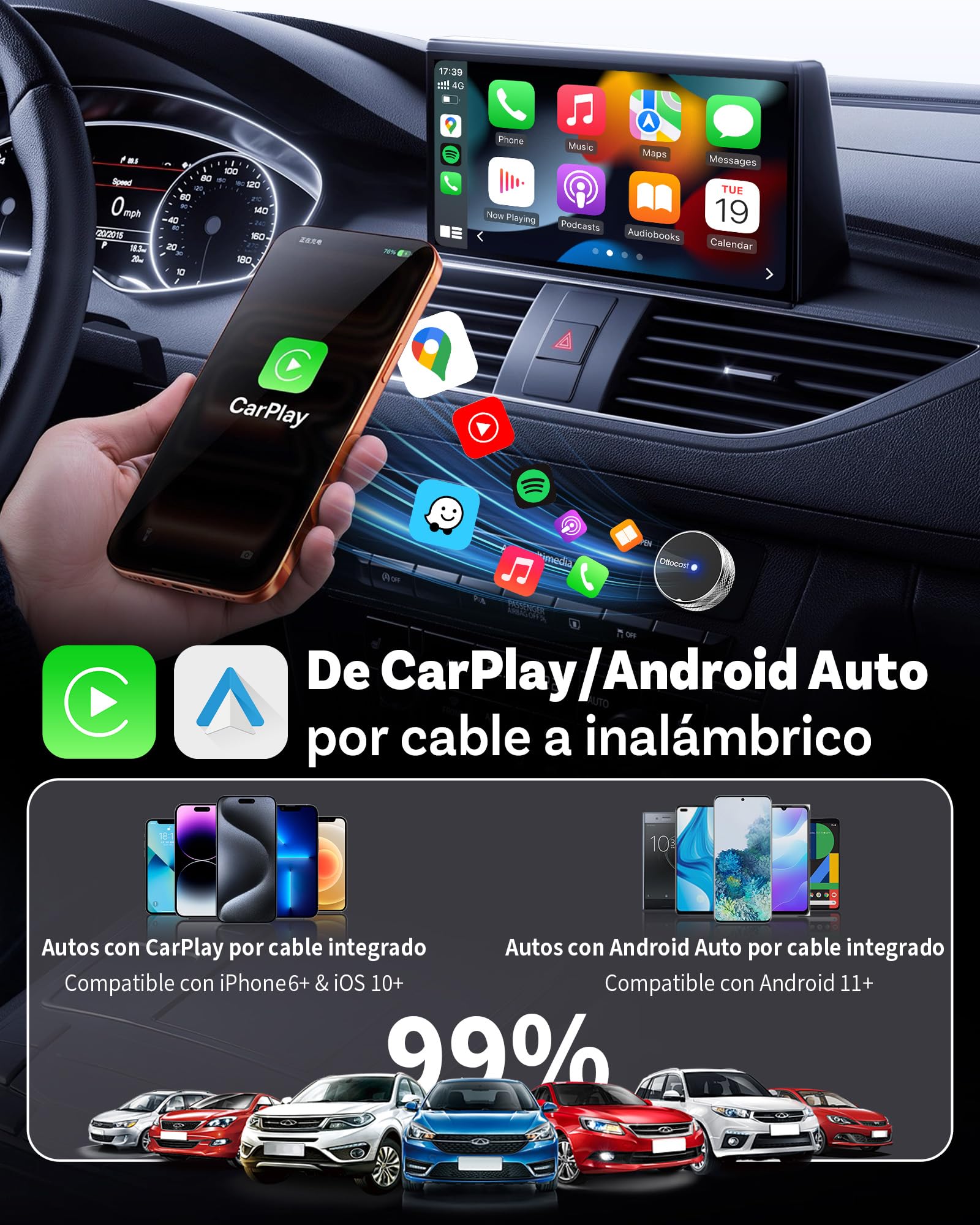 OTTOCAST Mini Tube 2026 Adaptador CarPlay Android Auto Inalámbrico para iOS 10+/Android 11+, Compatible con 99% Vehículos Desde 2016, Conexión Rápida 5-8s, USB-A/C, OTA (Excepto BMW/Tesla)