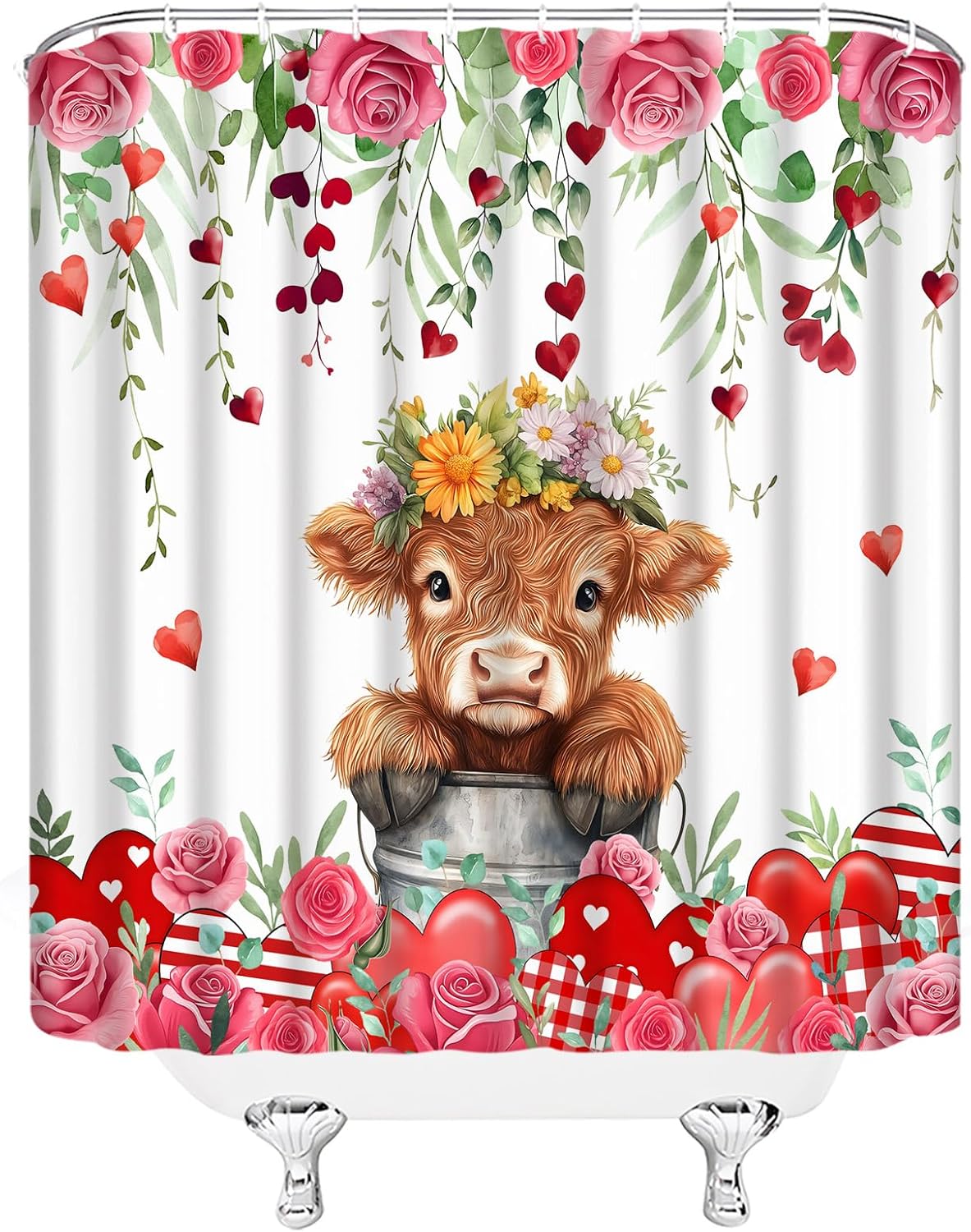 Valentine's Day Shower Curtain Highland Cow Pink Rose Floral Hearts Love Fabric Bathroom Home Decor with Hooks(70" Wx84 H)
