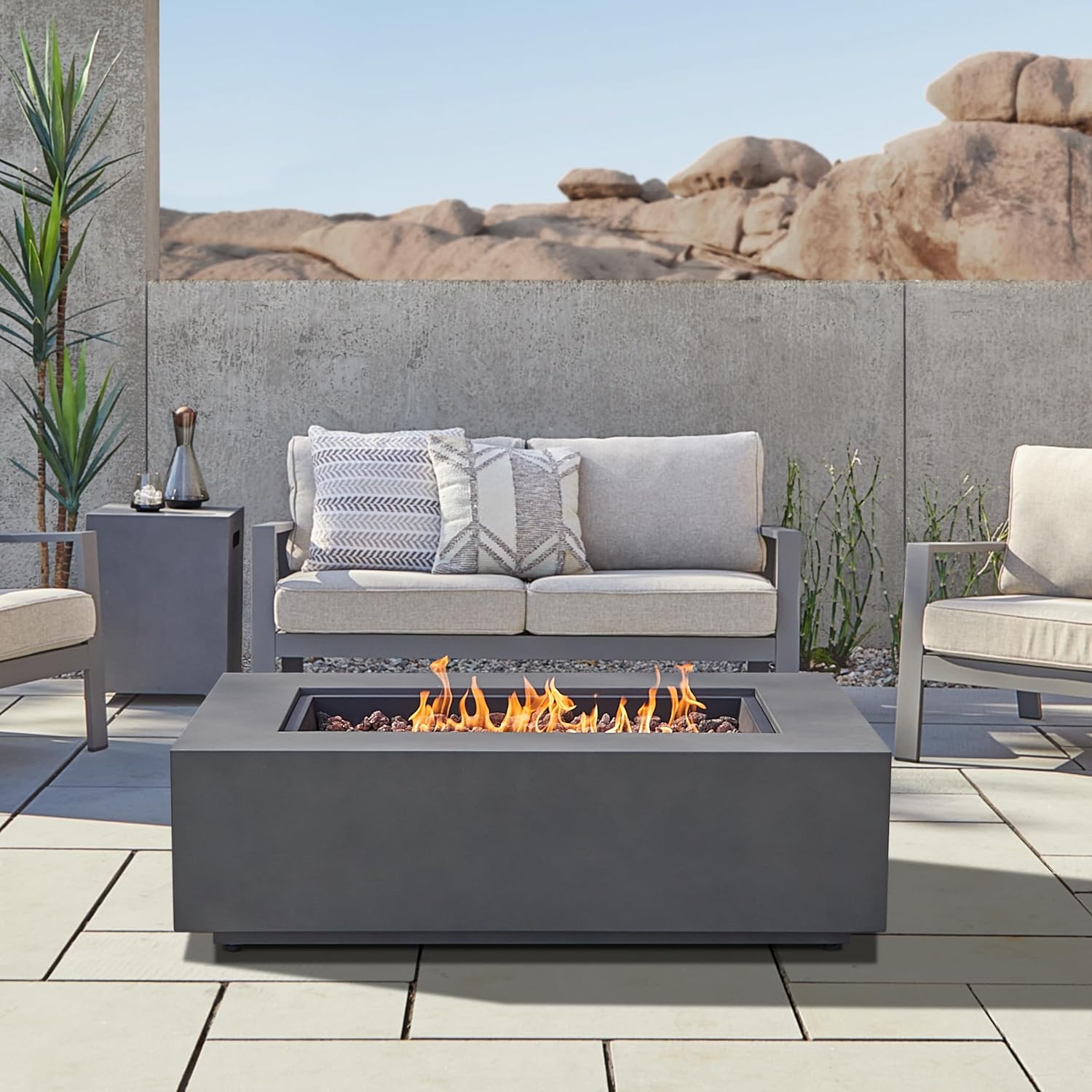 Real Flame Aegean 50in Rectangle Propane or Natural Gas Fire Pit Table, 50,000 BTU, Powder-Coated Steel, Push-Button Ignition, Storage Cover, Stainless Steel Burner with Lid - Weathered Slate