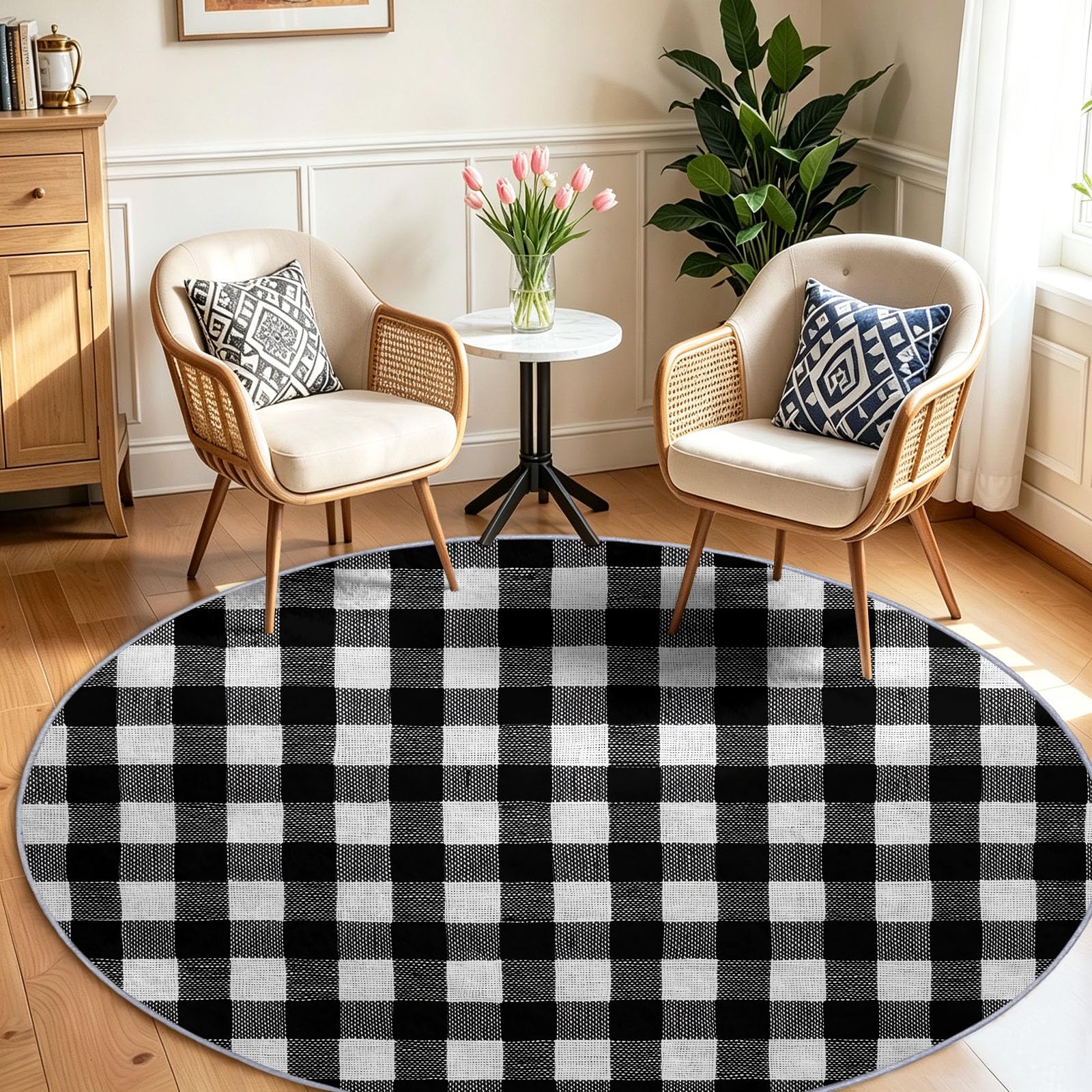 Tappeto rotondo con motivo a scacchi bianco e nero, minimalista, alla moda, 200 cm, per soggiorno, camera da letto, morbido e senza pelucchi, antiscivolo, sottile e leggero