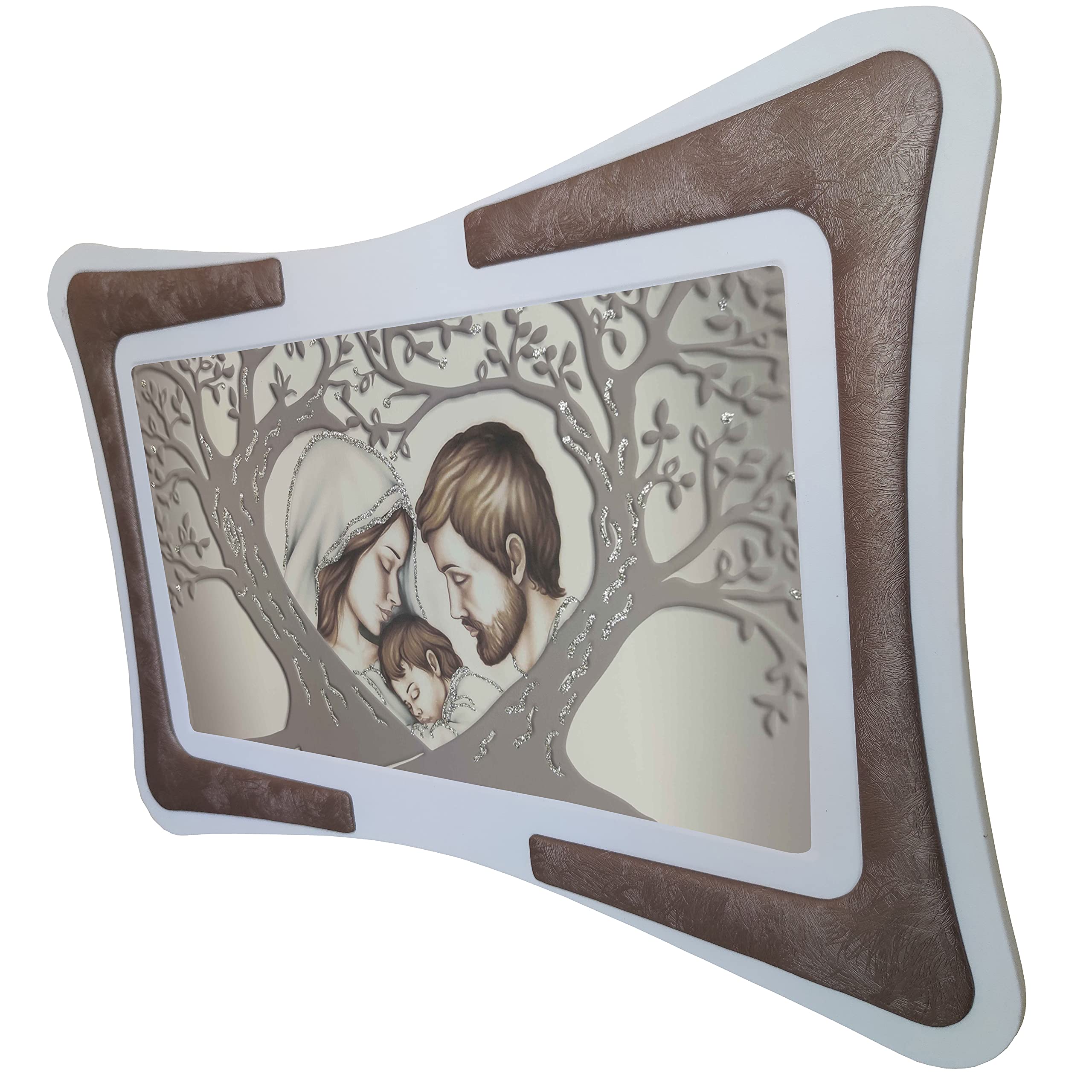 Quadro Albero della Vita Sacra Famiglia con Cornice in Ecopelle Bianca con Inserto Imbottito Fili Argento o Rame e Brillante Oro; Regali utili Originali e a Prezzi Bassi (Argento-Rame 60x90cm)