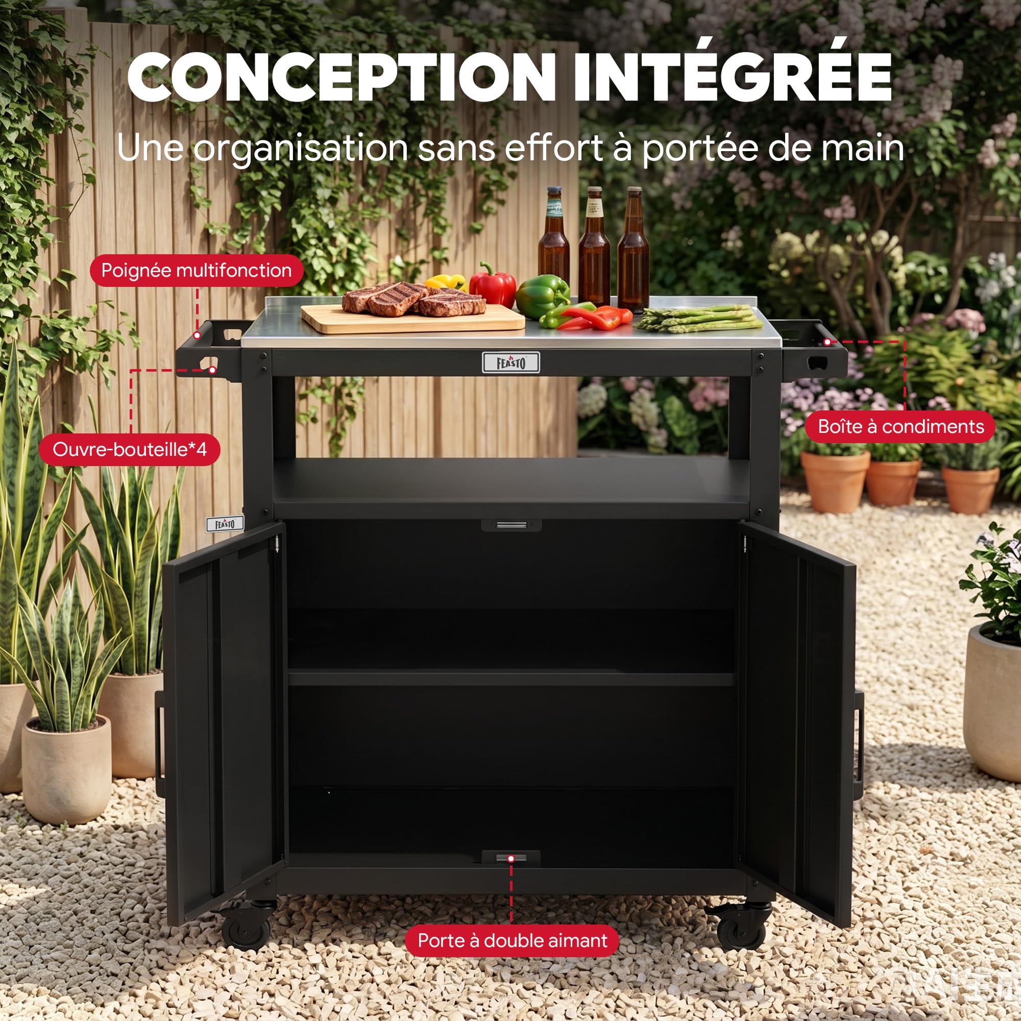 Feasto Chariot pour Barbecue avec Armoire de Rangement, 100x45x88 cm | Desserte Plancha avec Plateau en Acier Inox et 4 Roues, Idéal pour Jardin , Terrasse ou Cuisine Exterieure