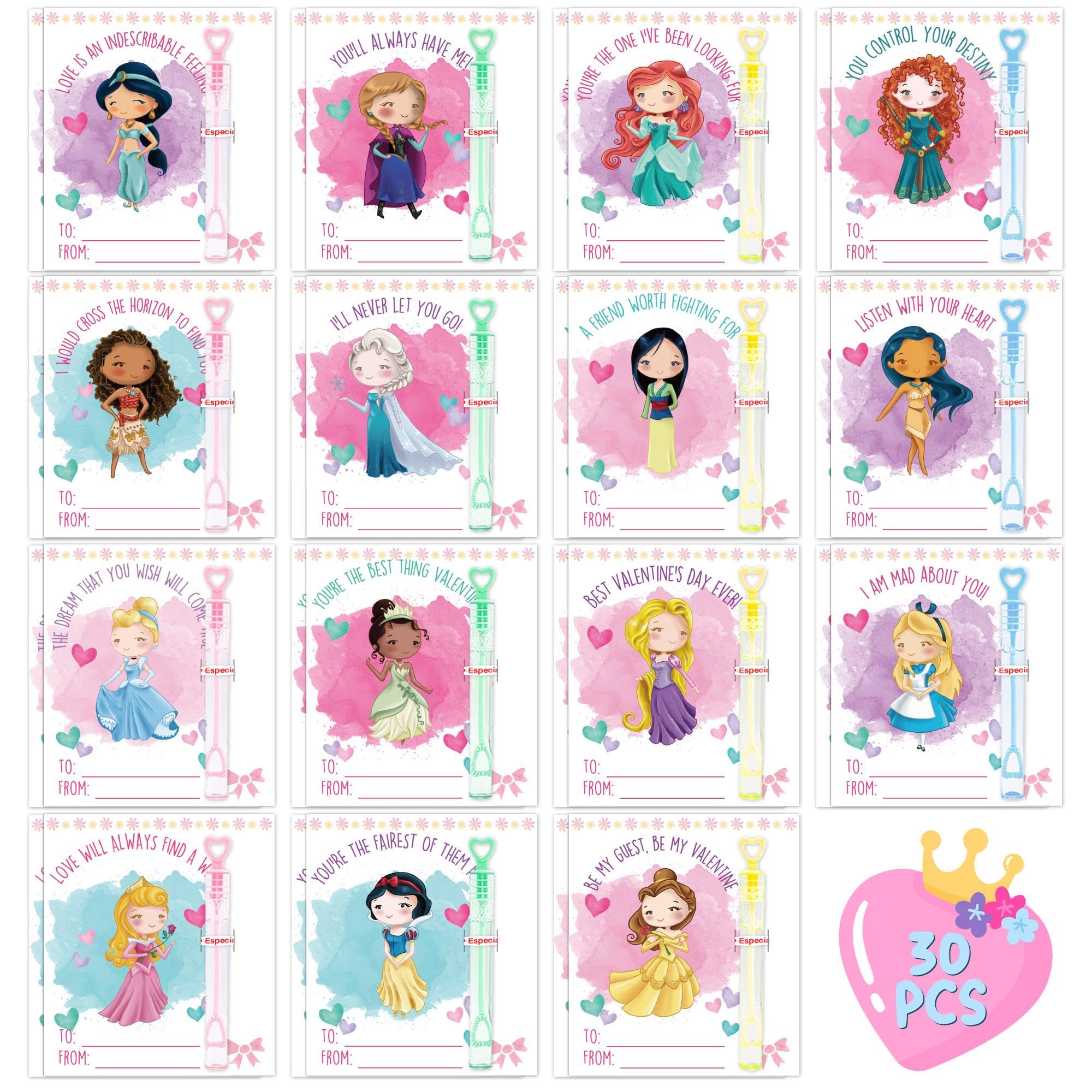 HiFulerr Princess Valentines Cards - 30 Pcs Valentines Day Cards with Valentines Bubbles, Valentines Day Gifts for Girls, Valentines Day Bubbles