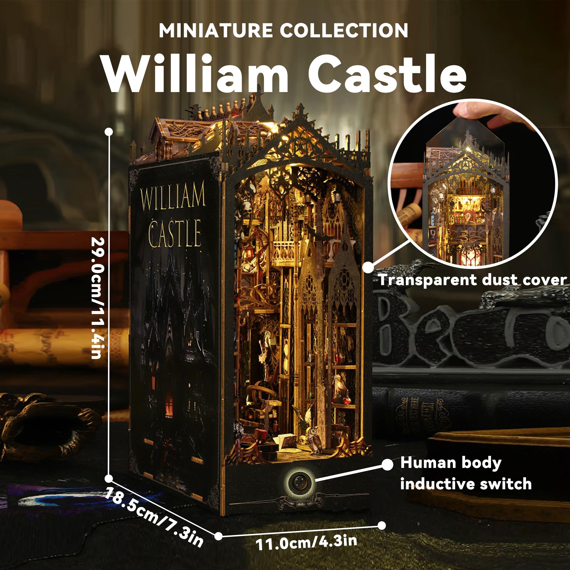 DIY Dollhouse Booknook, Book Nook Miniature Kit for Bookshelf Insert Decor Crafts for Adults and Teens, 3D Wooden Puzzle Bookends with Sensor Led Light (William Castle)