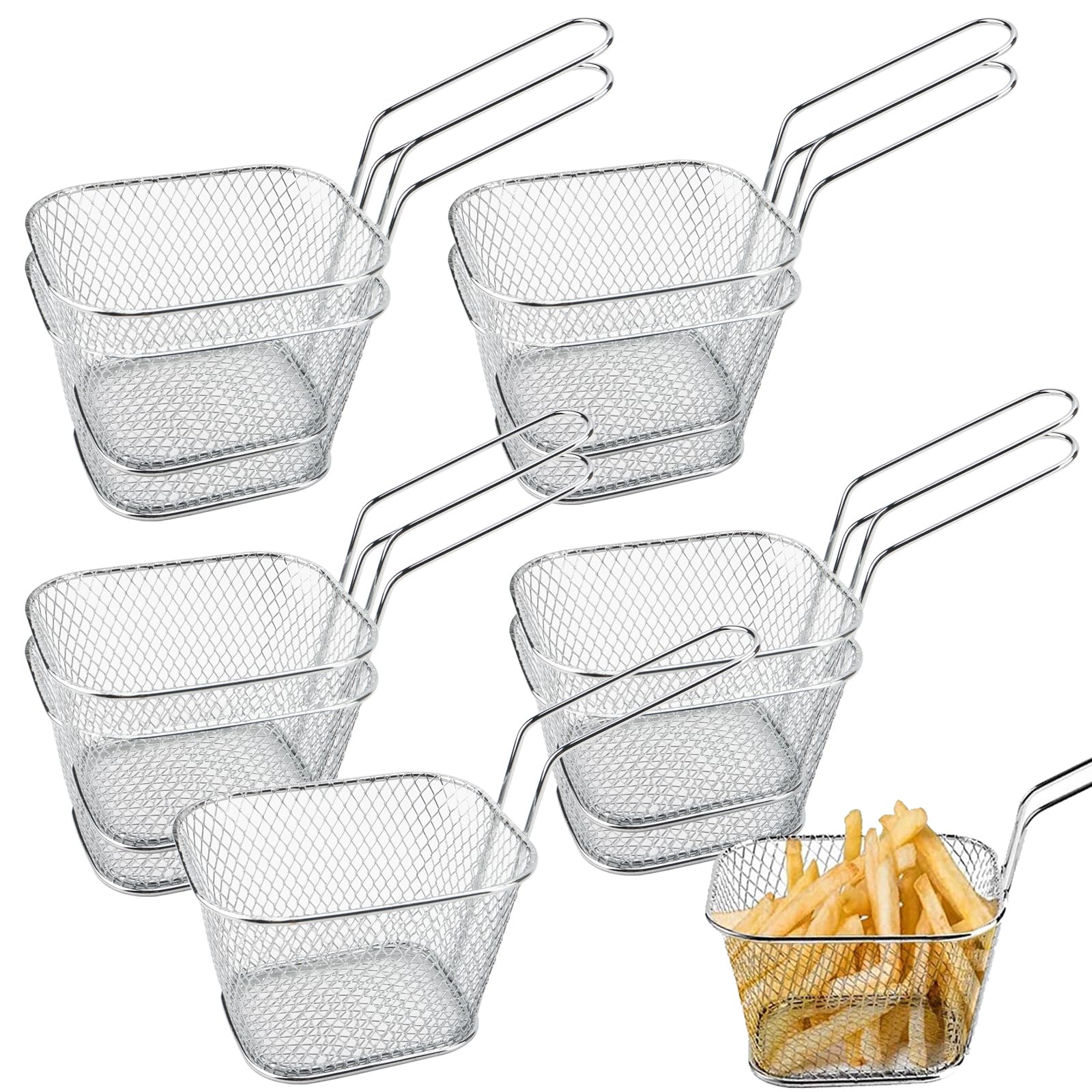 MOUYAT 10 Pcs Stainless Steel Chip Baskets for Serving, Small Food Frying Baskets with Handle, Mini Chip Pan Basket Food Presentation Baskets for Chips, Onion Rings, Fried Chicken, Fish, Vegetable