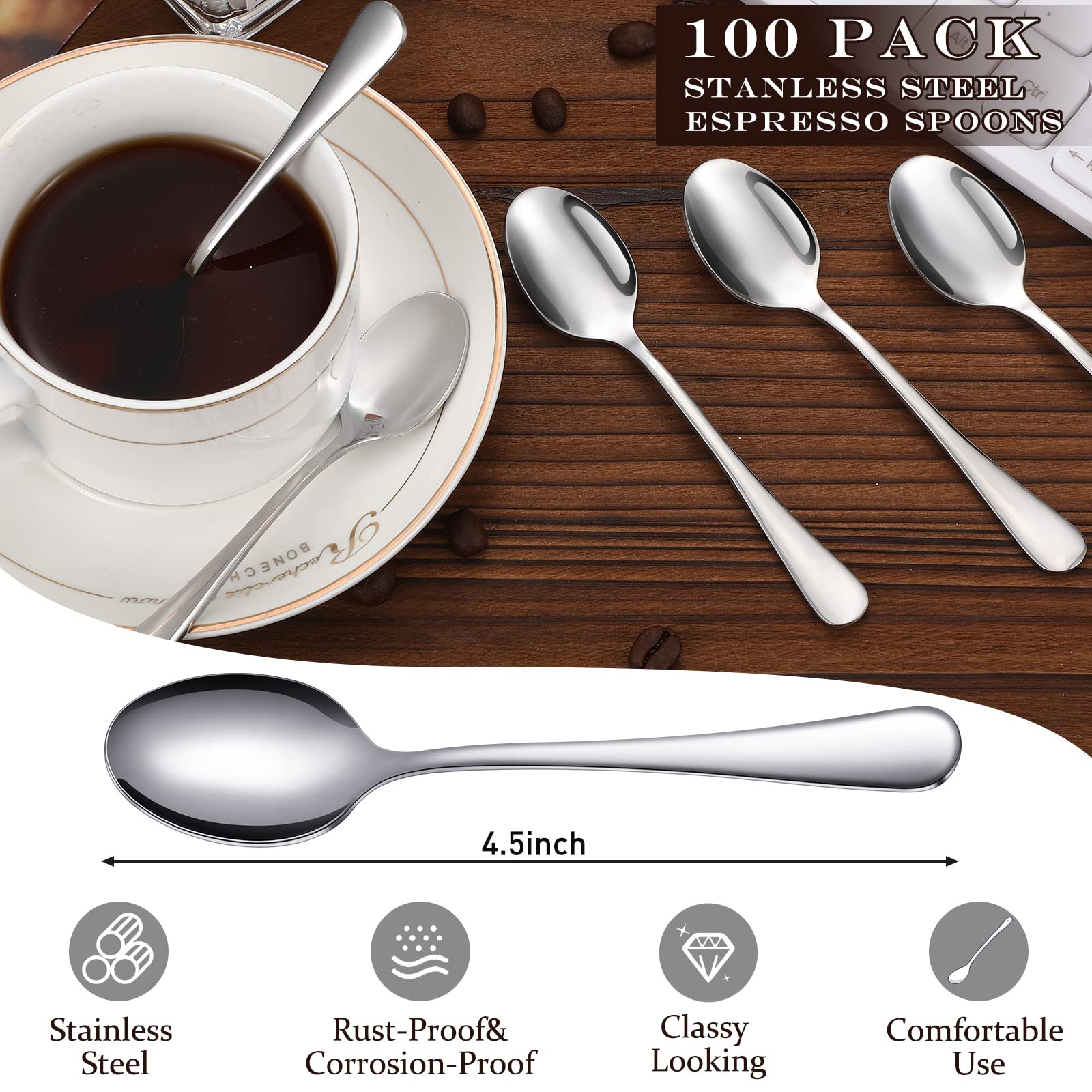 Demitasse - 100 cucharas de espresso de acero inoxidable a granel, pequeñas cucharas de postre de degustación de café de 4.33 pulgadas para postre de cocina, té, aperitivos, 1.18 pulgadas de ancho