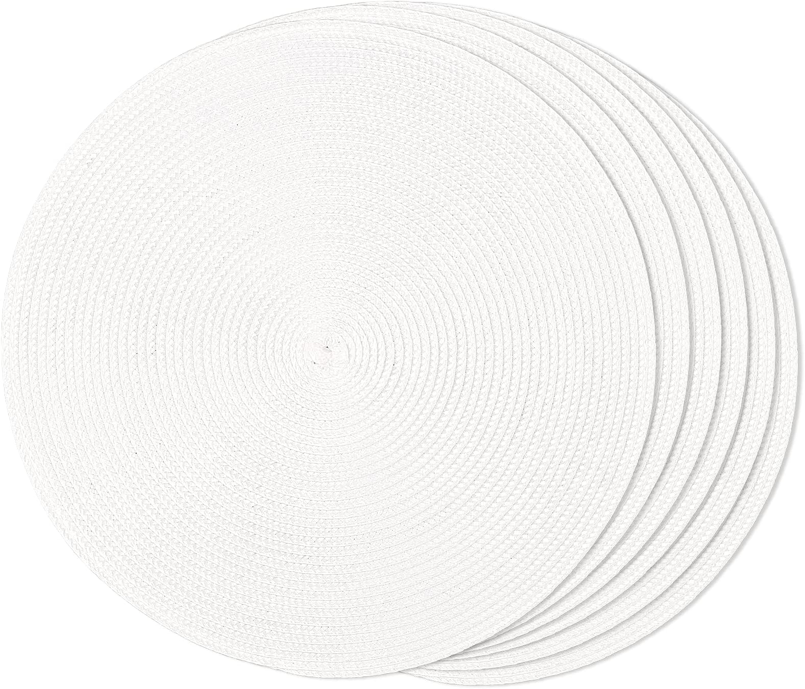 FunWheat Round Braided Placemats Set of 6 Table Mats for Dining Tables Woven Washable Non-Slip Place mats 15 inch(White, 6pcs)