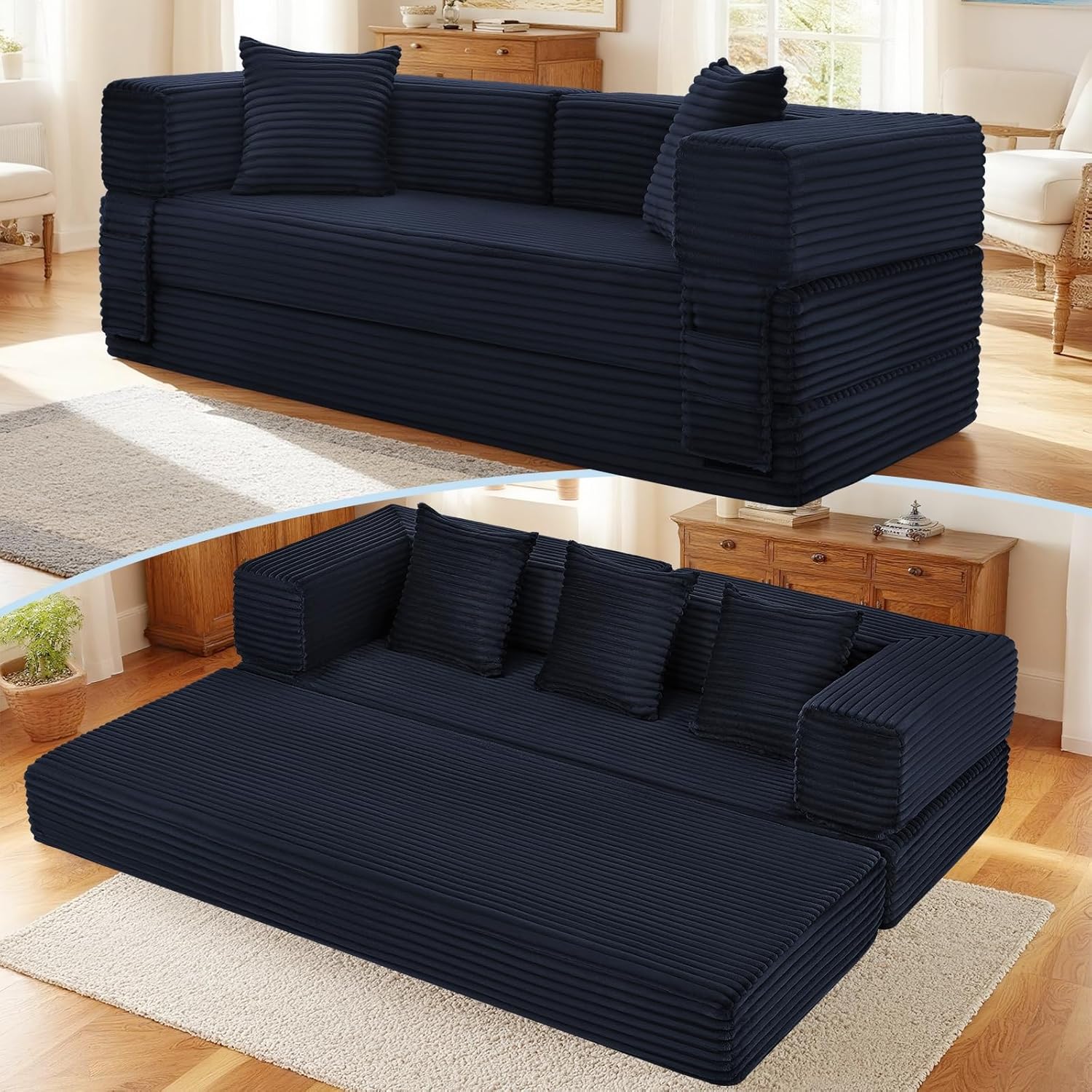 Convertible FoldIing Sofa Bed,5-in-1 Futon Queen Sleeper Sofa with Removable Armrests, Modular Futon Couch with Pull Out Bed,Boneless Couch for Living Room,Compression Sofa in Box, Navy Blue