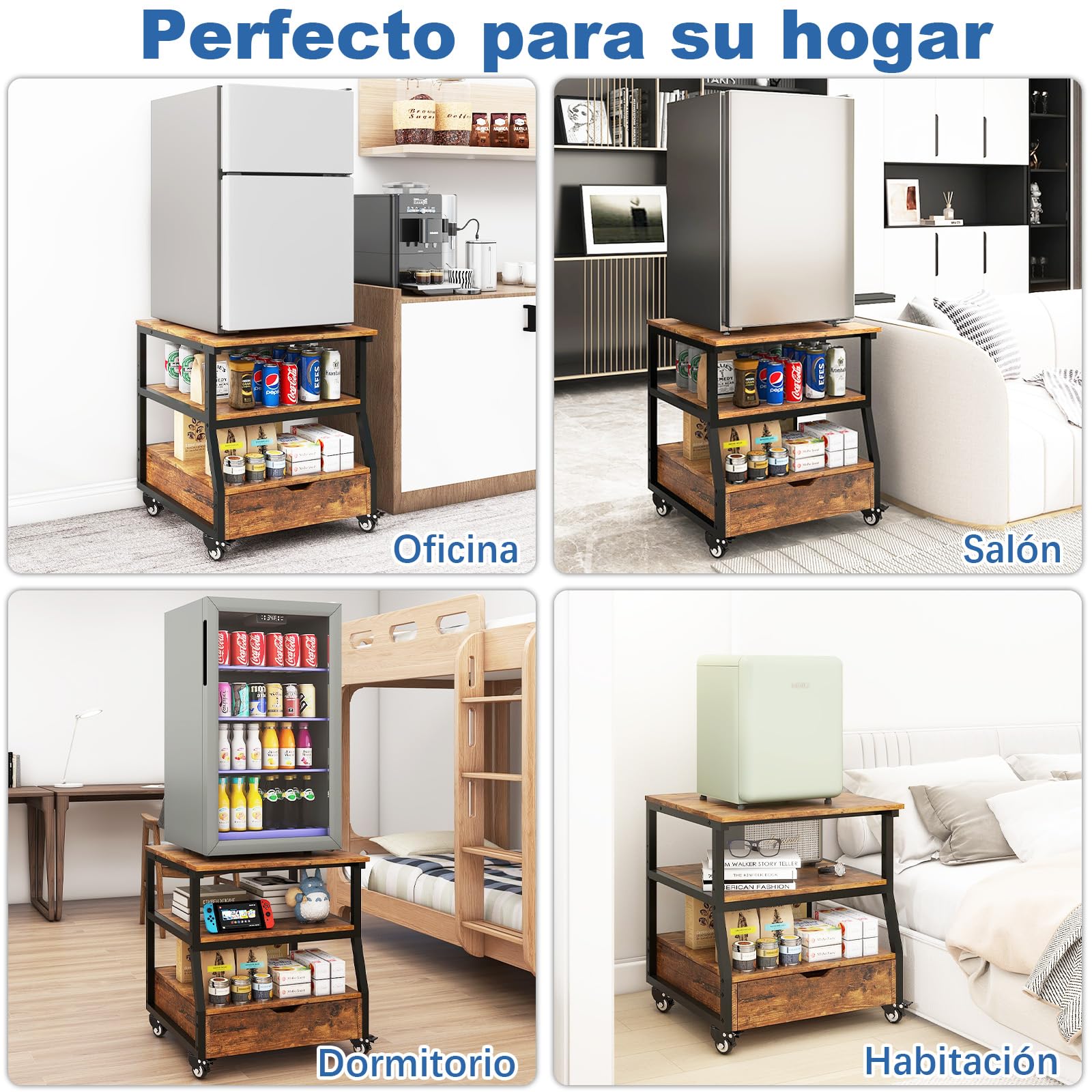 PUNCIA Soporte de 3 Niveles para Mini Nevera Mueble Estante de Frigorífico con Ruedas Organizador Móvil con Cajón Plataforma para Refrigerador Cocina Salón Oficina