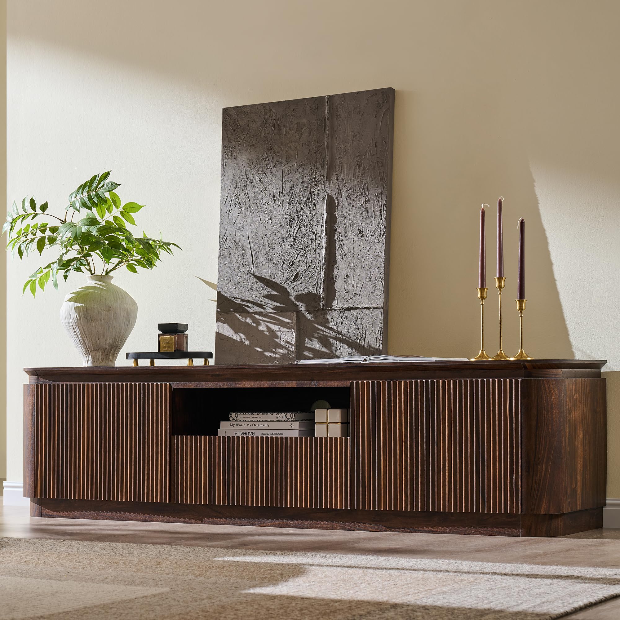 Photo 1 of XIASLO 70 Inch Fluted TV Stands for Living Room, Mid Century Modern Entertainment Center with Drawer, Storage Cabinet, Open Shelf, Wood Low Profile Media TV Console for TVs Up to 80", Dark Walnut