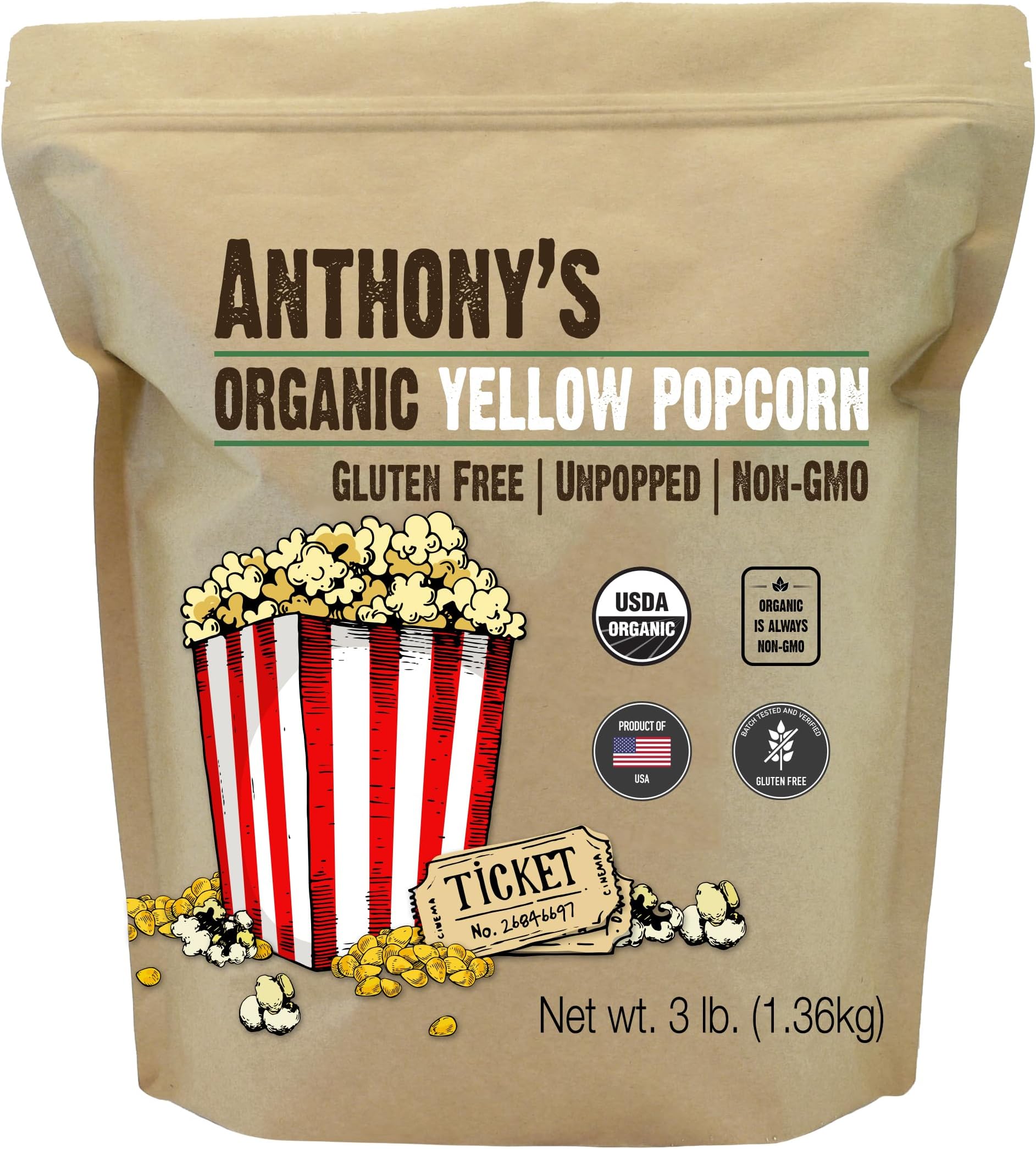 Anthony's Organic Yellow Popcorn Kernels, 3lbs, UnPopped, Gluten Free, Non GMO