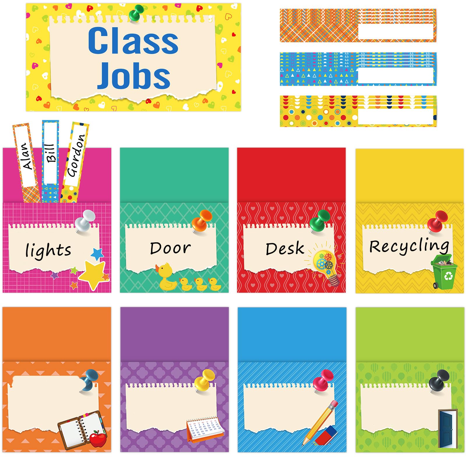 Zonon 75 Pieces Class Jobs Bulletin Board Colorful Class Jobs Pocket Chart Set Teacher's Helper Chalkboard Decor Classroom Bulletin Board Decoration for Back to School (Bright Style)