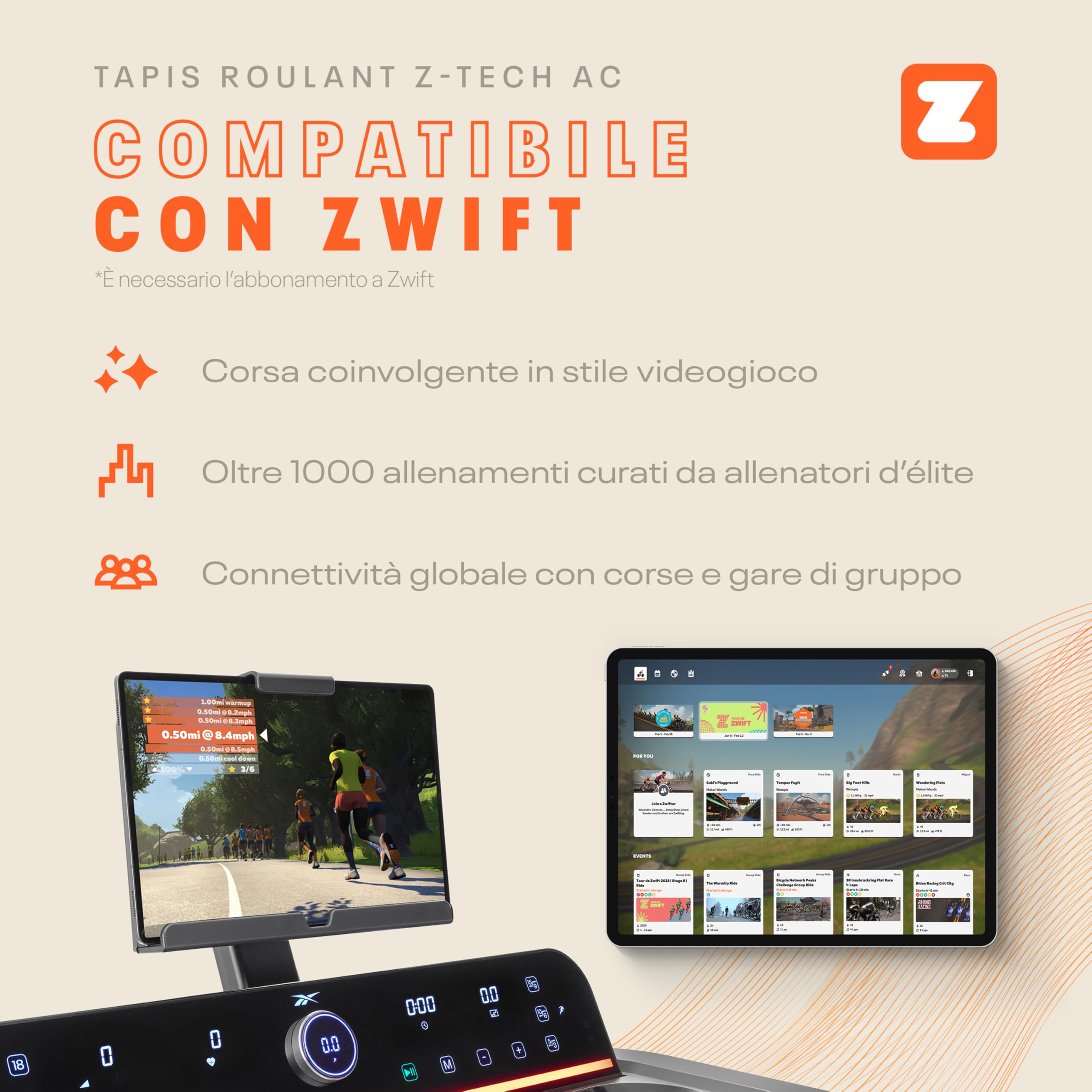Reebok Tapis Roulant Z-tech - Kinomap e Zwift - Velocità massima 20km/h - 154x55cm - Monitor LED - Uso semi-professionale