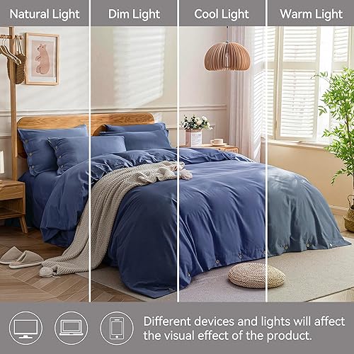 Miniatura 9 de JELLYMONI - Funda de edredón de 100% algodón lavado, tamaño Queen, color azul, con botones, 3 piezas, transpirable, suave, unicolor, de 90 x 90
