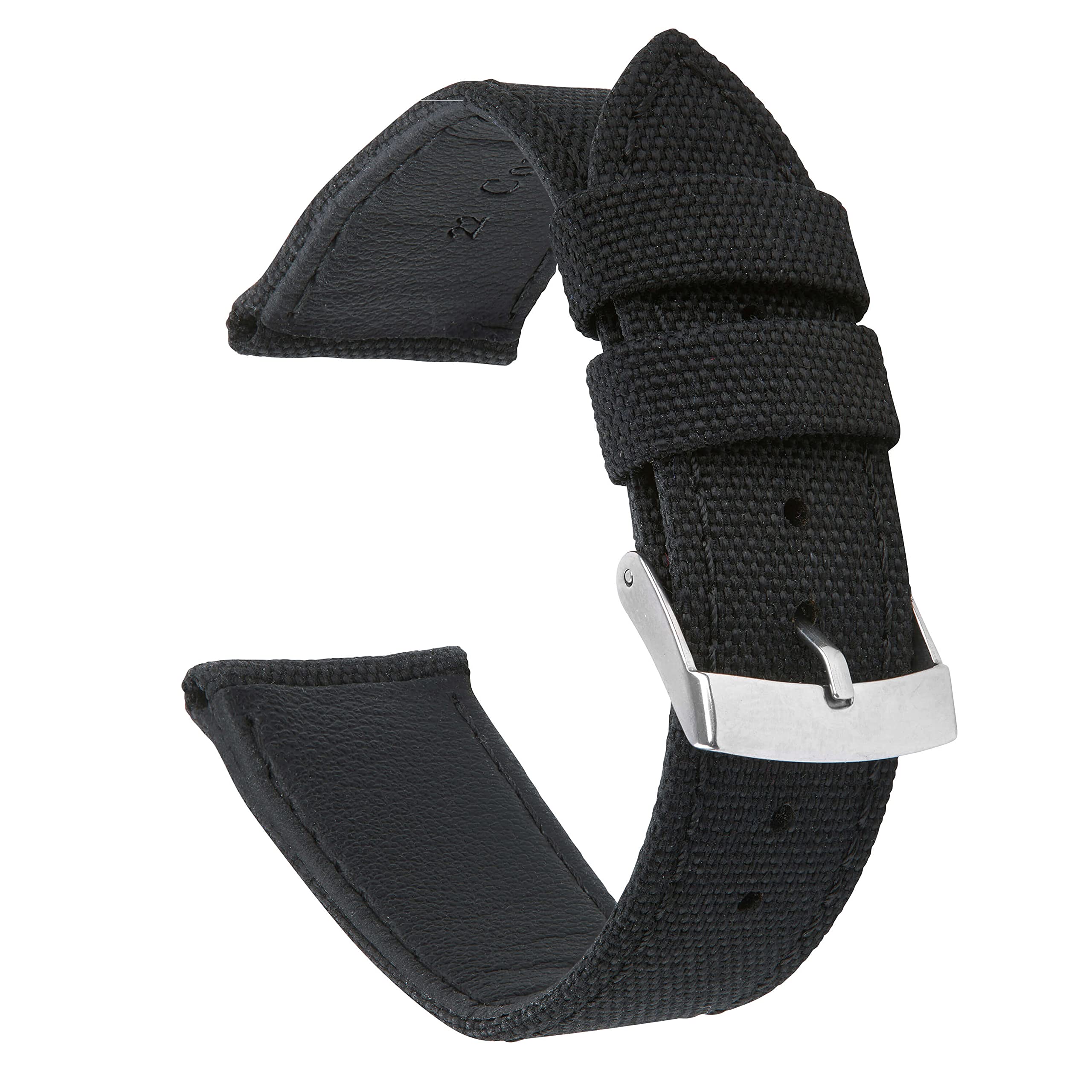 VintageTime Watch Straps - Genuine Cordura Fabric Military Style Leather Bracelet | Stainless Steel Buckle | Choice of Width & Colours | 18mm, 20mm, 22mm or 24mm Bands 22mm Black