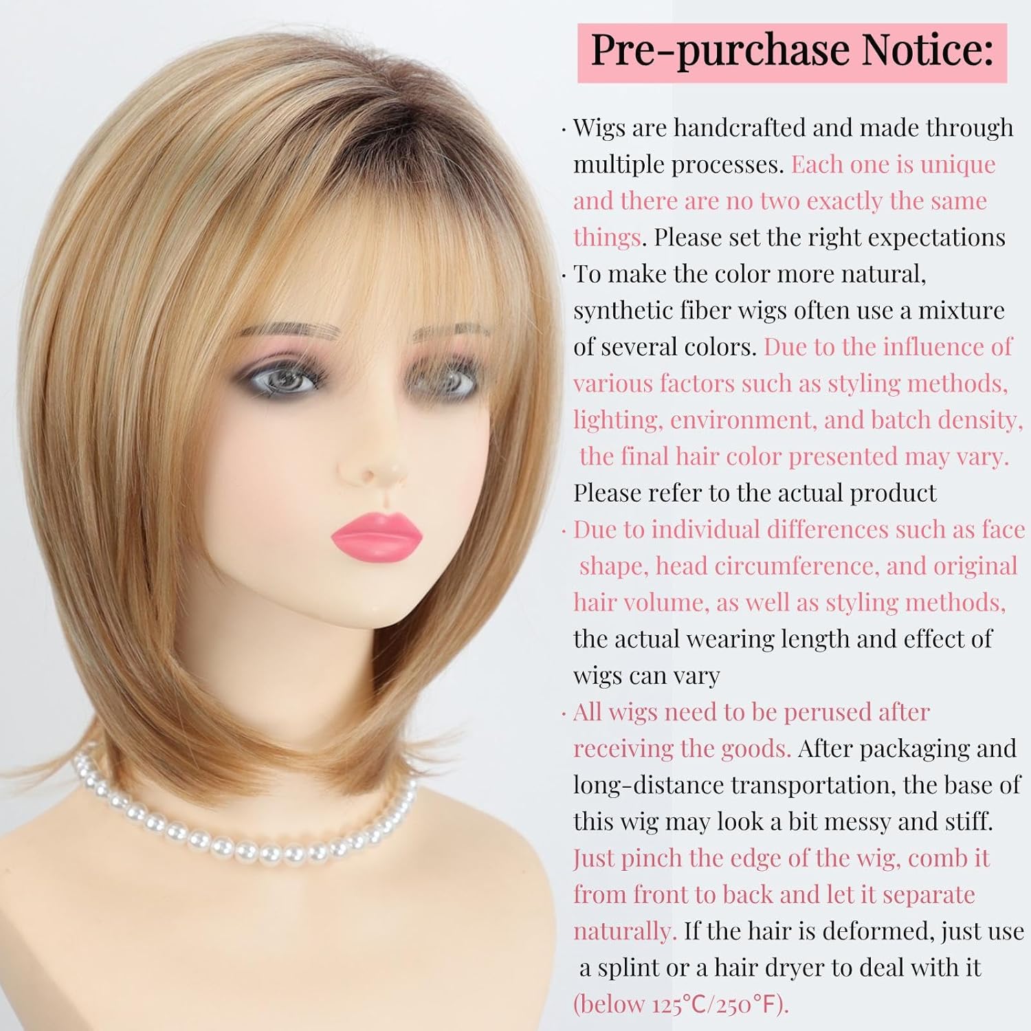 RENERSHOW Medium Length Bob Wigs for White Women Layered Blonde Highlight Straight Pixie Bob Wig with Bangs Heat Synthetic Natural Daily Party Wig 12inch Average Size Wig