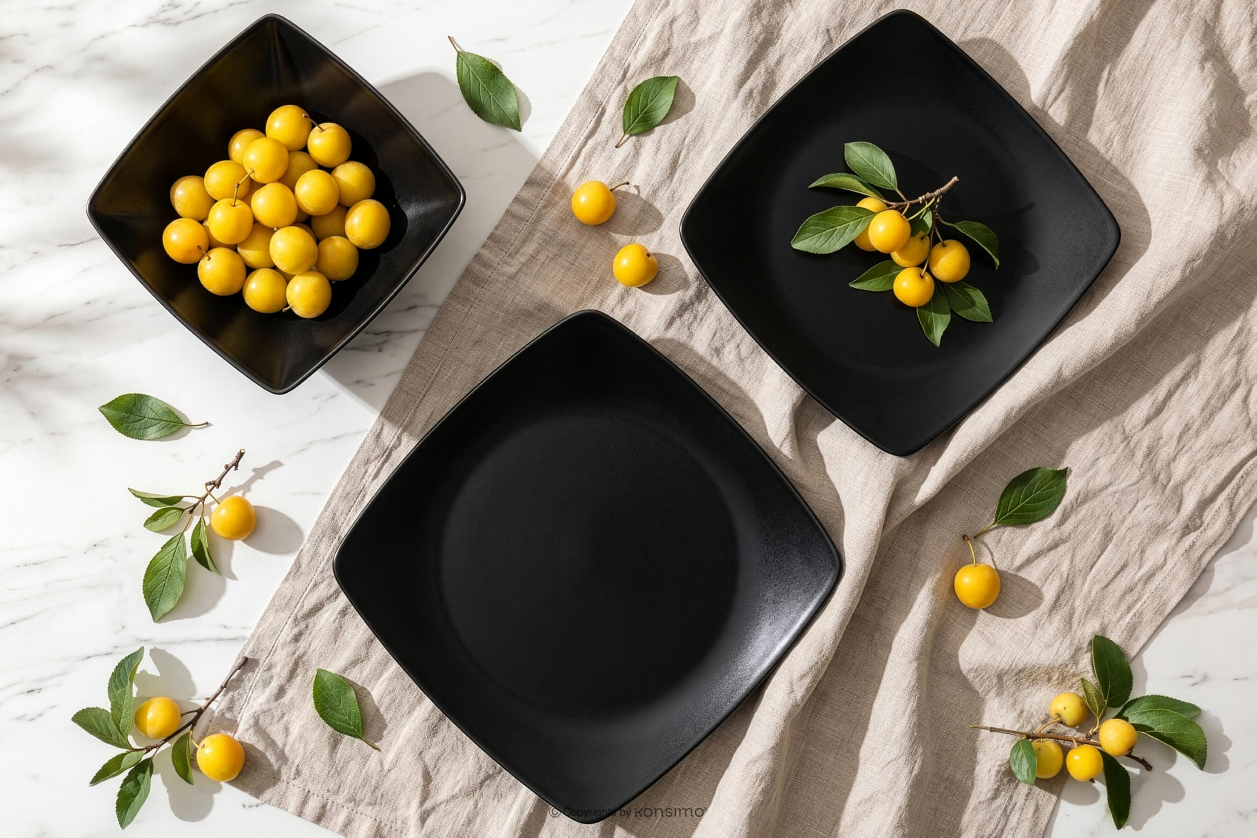 KONSIMO EPIRI Geschirrset 6 Personen, 18-teiliges Tafelservice aus Steinzeug – Modernes Teller Set mit Speisetellern, Frühstückstellern & Schalen Geschirr Set (Schwarz Matt, für 6 Personen)