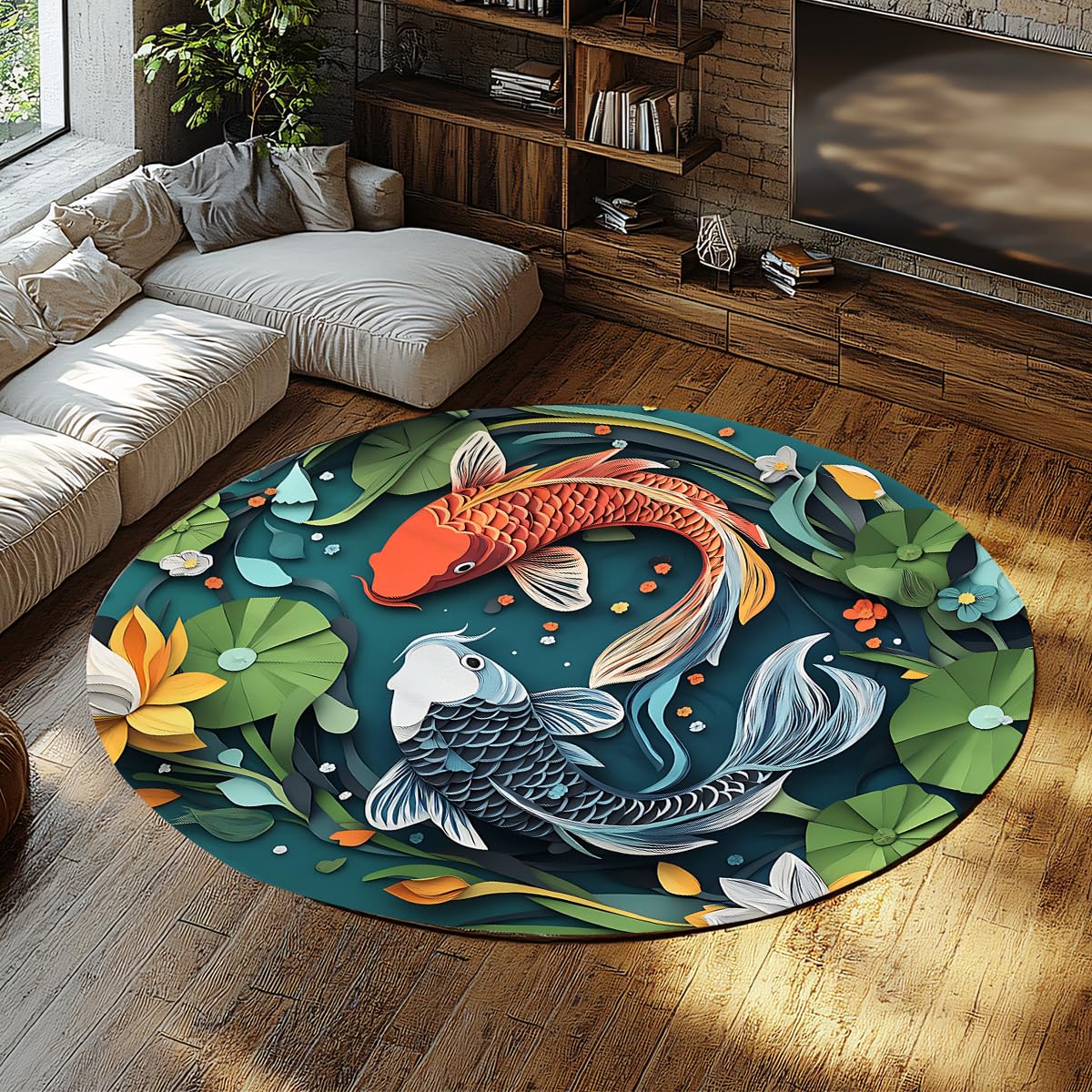 Yin Yang Koi 100 cm okrągły dywanik wejściowy z cienką matą i zmywalnym dywanem rzeźba w papier lotosu antypoślizgowy salon sypialnia jadalnia stolik nocny