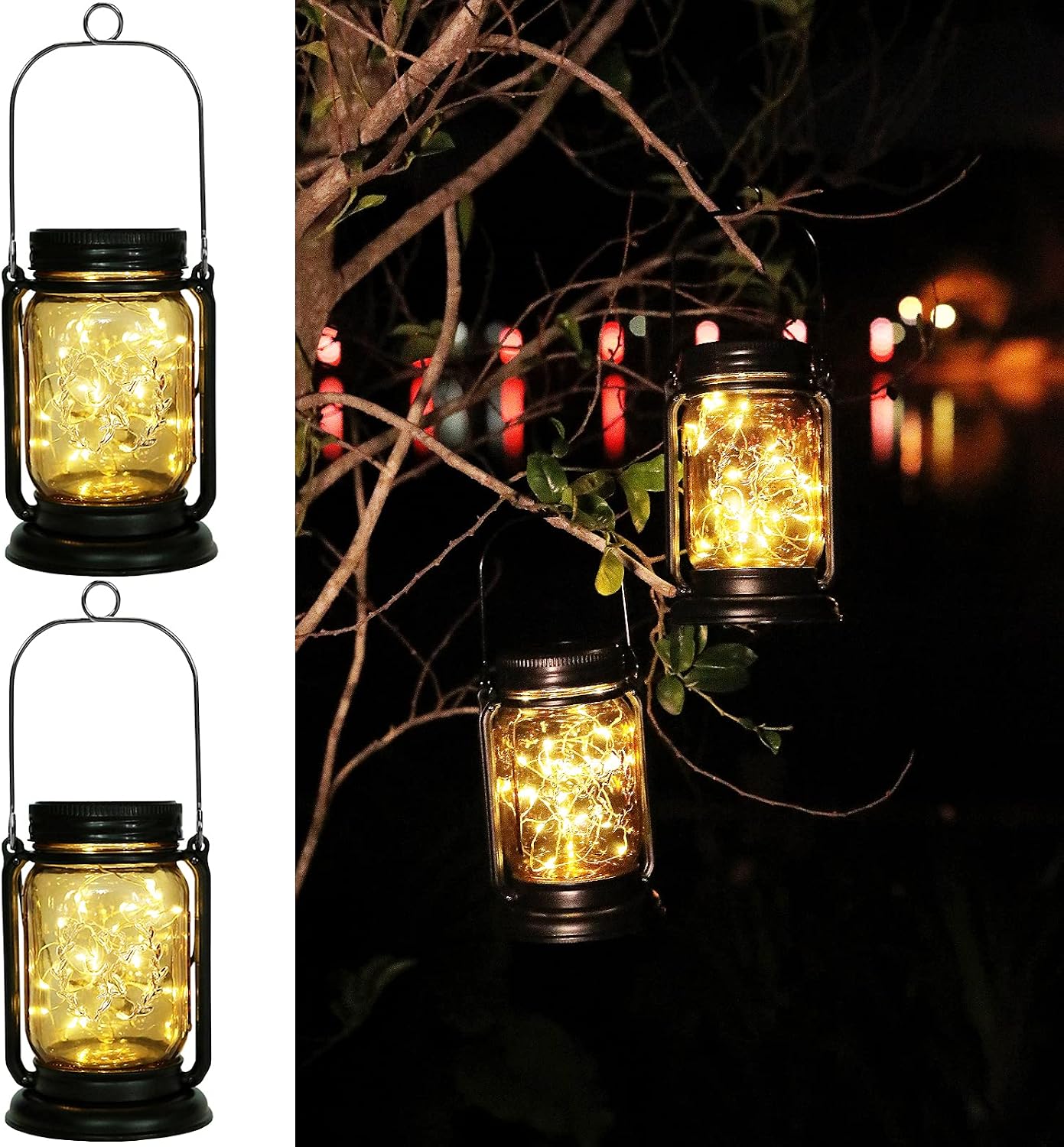 Hanging Solar Lantern, 2 Pack Solar Powered Waterproof Landscape Lanterns, 30 LEDs Solar Mason Jar Lid Fairy String Light for Patio, Yard, Garden and Pathway Decoration (Fairy Light 2 Pack)