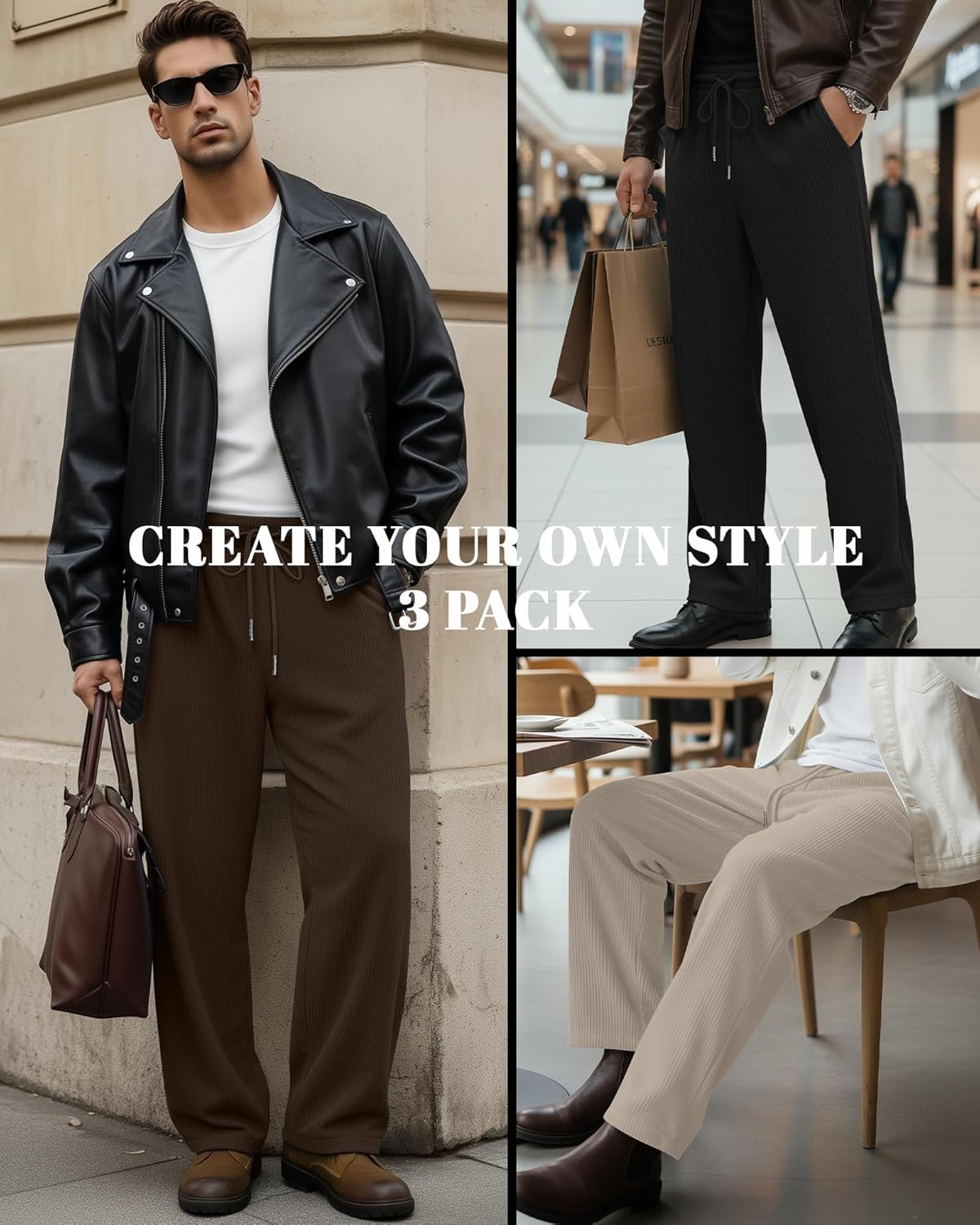 Neer 3 Pack Men's Corduroy Pants Causal Straight Leg Sweatpants Loose Drawstring Elastic Waist Baggy Lounge Pants Pockets - Image 2