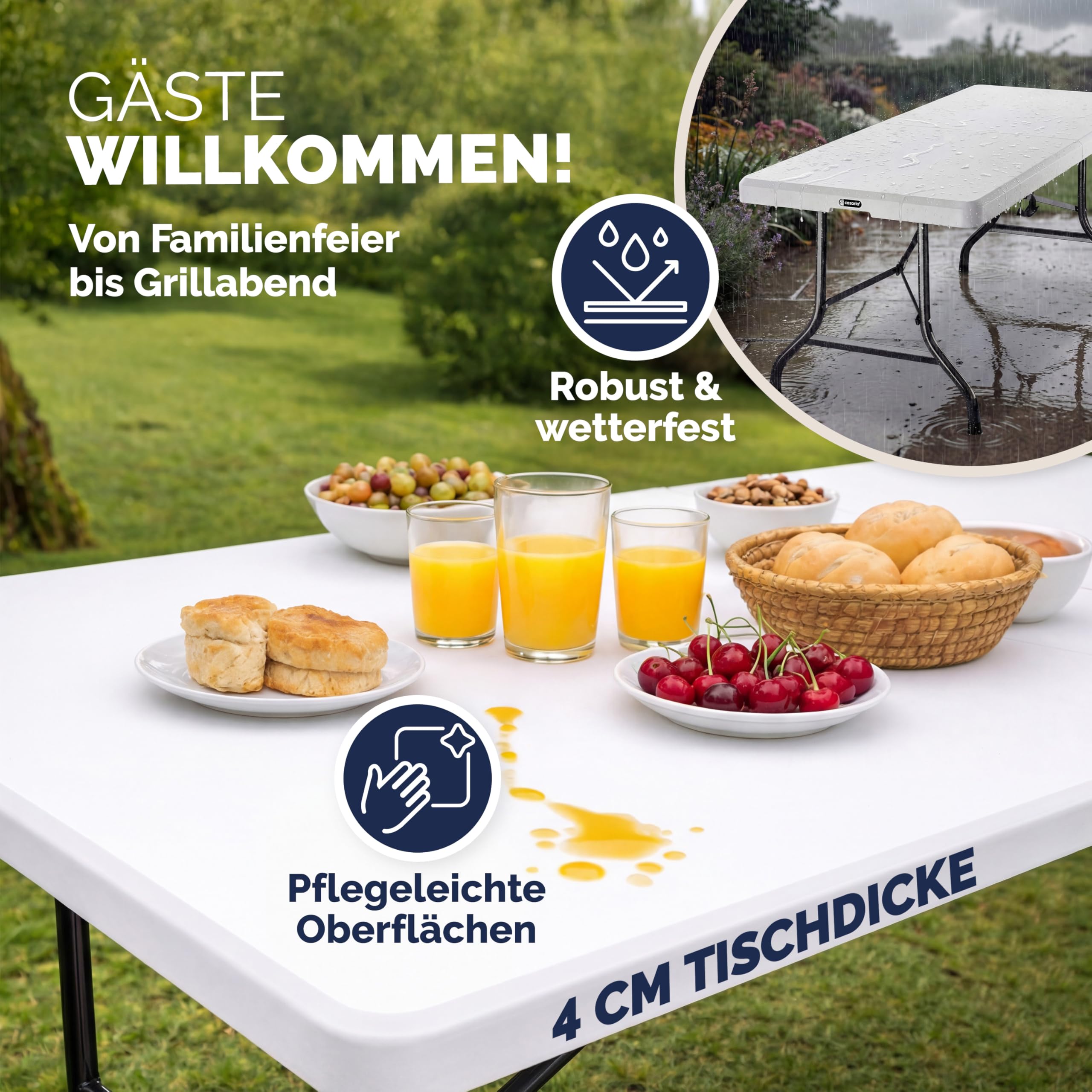 Casaria® 2X Gartentisch 183x76cm Klappbar Wetterfest Tragbar Kunststoff Garten Terrasse Camping Balkontisch Klapptisch Campingtisch Buffettisch Weiß