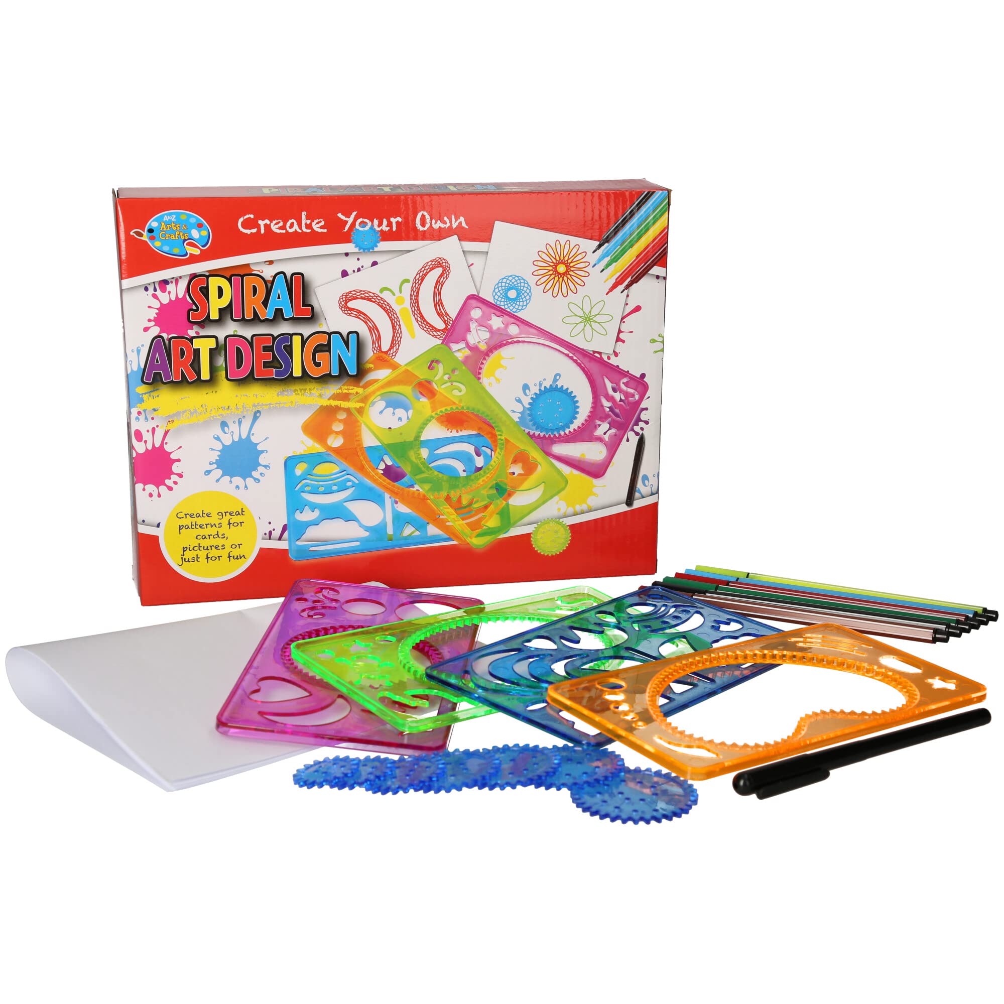 Atoz Spiral Art Design Set, Create Your Own Patterns, Cards and Pictures, Includes Coloured Stencils and Drawing Tools