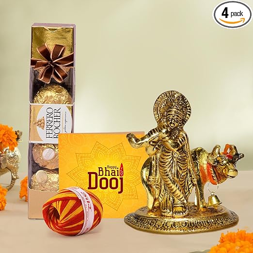 TIED RIBBONS Bhai Dooj Gift Set for Brother with Chocolates Combo - Metal Krishna with Cow Idol Statue with Ferrero Rocher Chocolate (4 pcs) Box Greeting Card and Kalawa Moli Roli Chawal