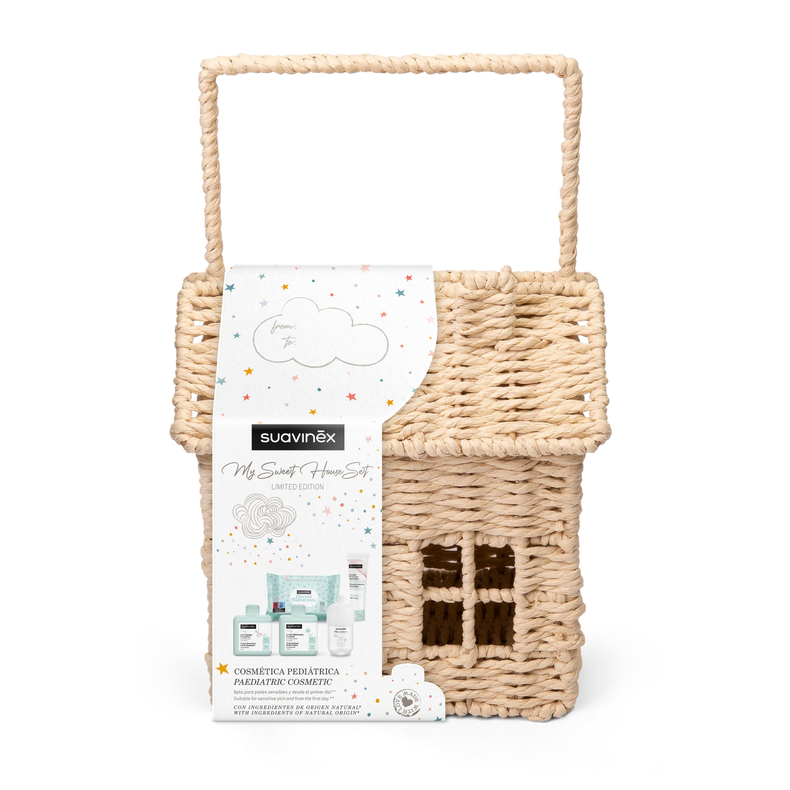 Suavinex, Regalo Bebé Recien Nacido, Canastilla Bebé con Maleta de Mimbre en Forma de Casita. Incluye: Baby Cologne 100 ml + Gel - Champú Espumoso + Loción Corporal + Pomada del Pañal + Toallitas
