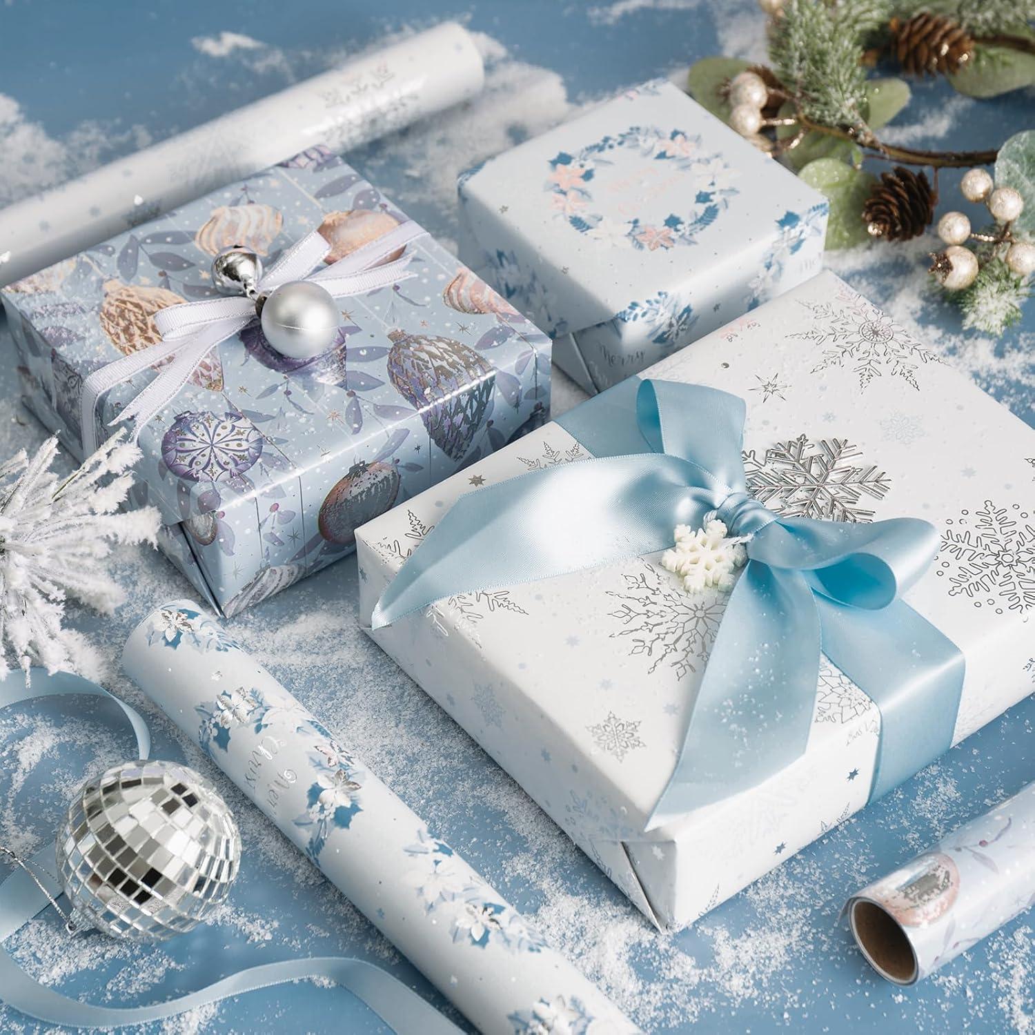 LeZakaa Blue Christmas Wrapping Paper Mini Roll, Silver Blue Winter Ornaments, Floral Wreath, Snowflake Holiday Gift Wrap, Arts Craft, for Xmas Winter Party Men Women, 17 x 120 inches, 3 Rolls image 5